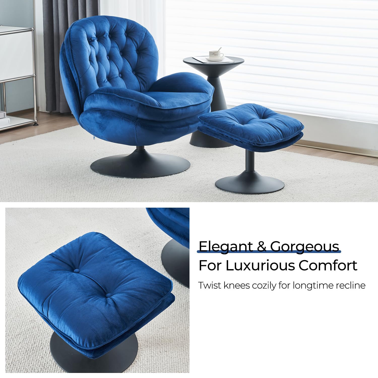 Velvet Swivel Accent Chair with Ottoman Set - Modern Tufted Armchair with Footrest for Living Room & Bedroom - 360 Degree Swivel Reading TV Chair for Adults - Blue Comfortable Lounge Chair for Relaxing, Entertaining & Home Decor