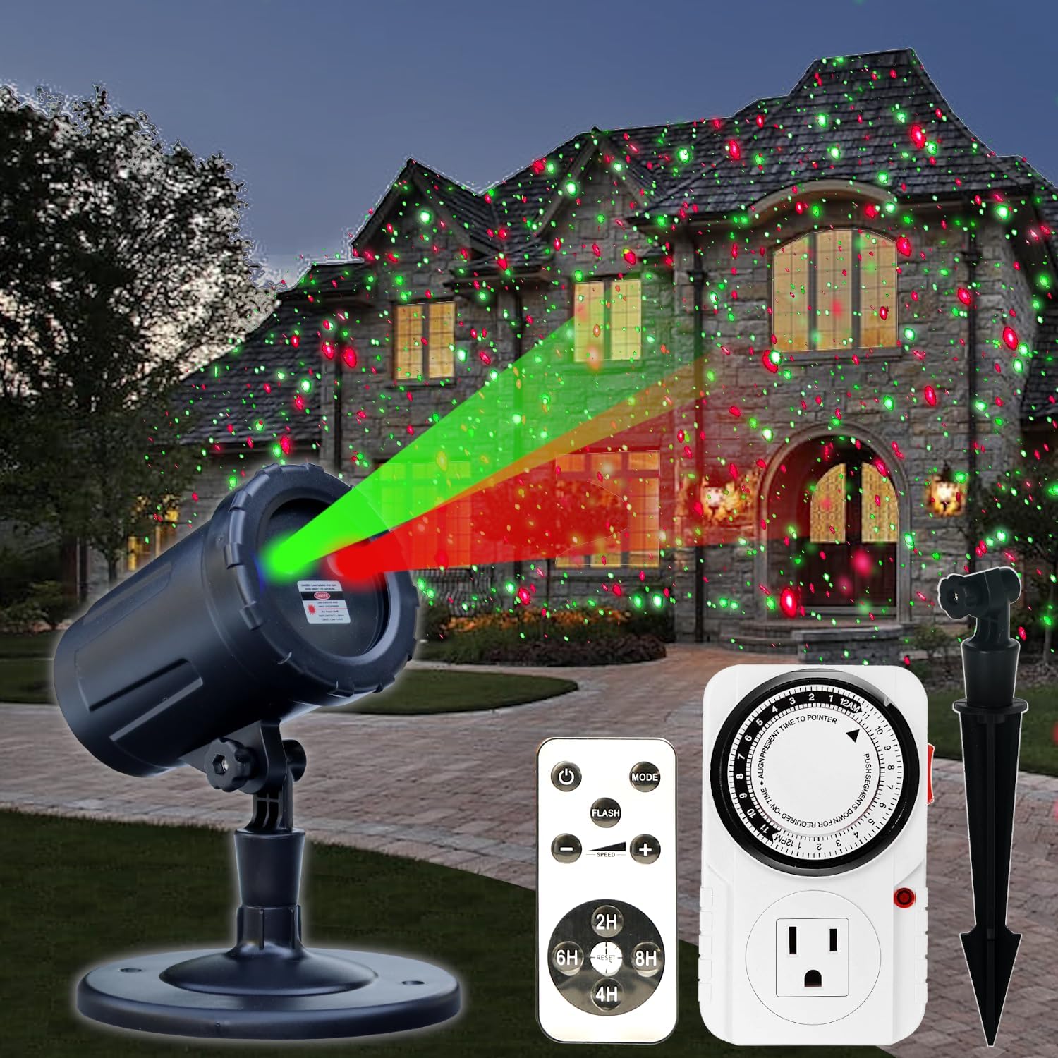 Christmas Laser Projector Lights Outdoor with Remote & Timer - 18 Festive Red & Green Patterns for Holiday Decorations - Perfect for Yard, House, and Party Decor