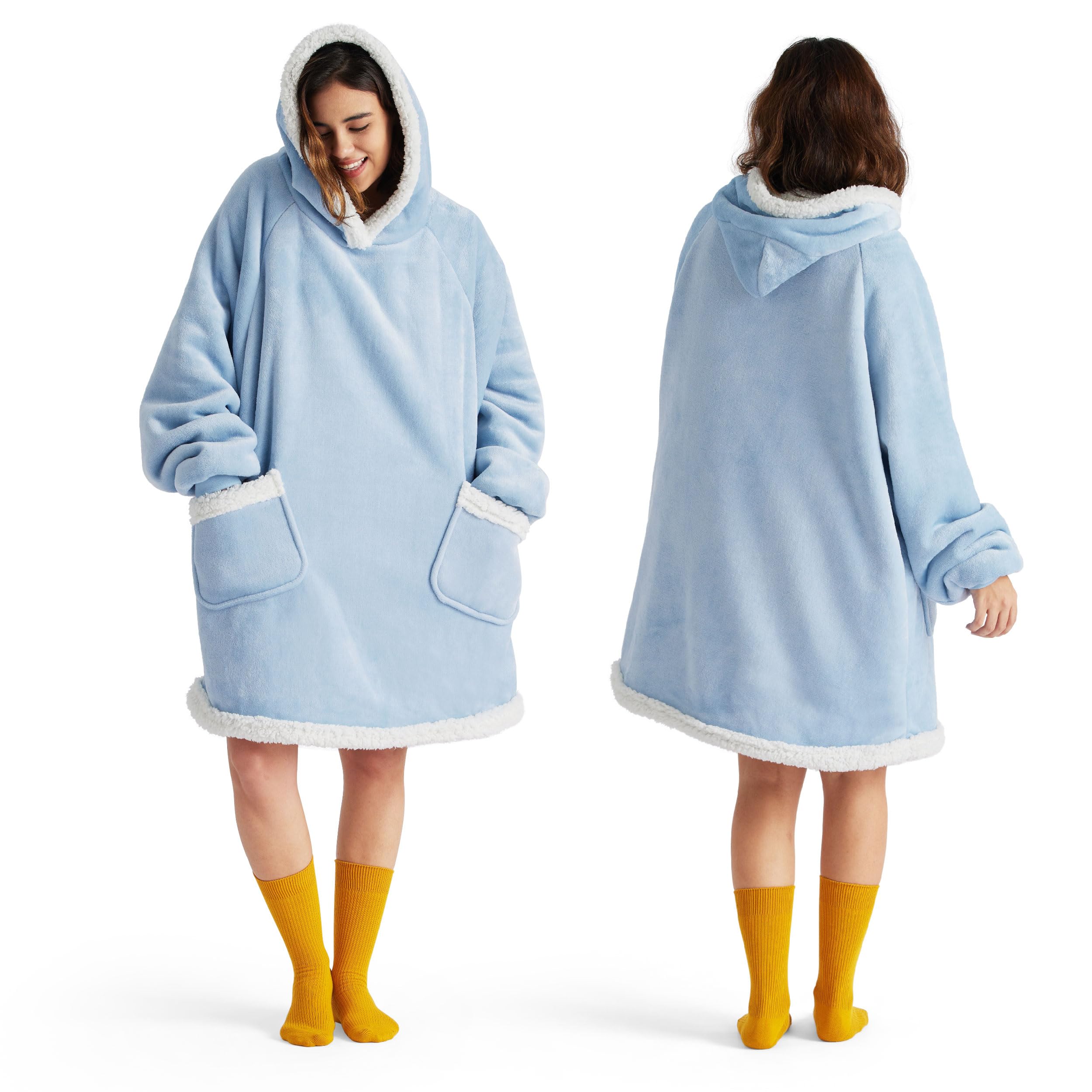 Bedsure Wearable Blanket Hoodie for Adults & Kids - Soft Fleece Hooded Blanket Gift for Women, Men, Mom - Perfect for Birthday, Mother's Day - Sky Blue Small - Cozy for Movie Nights, Camping & Lounge Wear