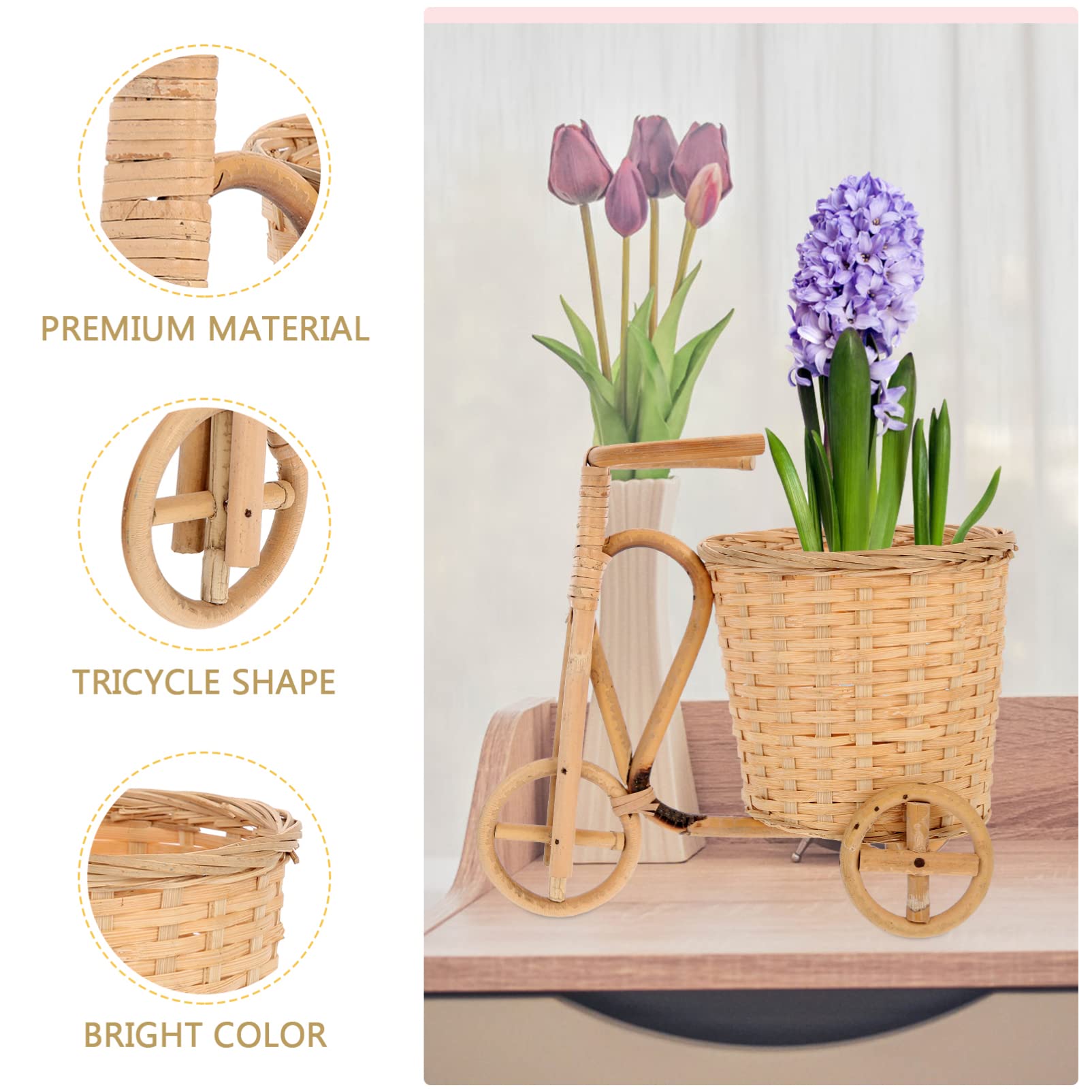 GANAZONO Bamboo Woven Flower Basket - Handmade Decorative Storage Organizer for Home Decor, Farmhouse Style Mini Tricycle Basket with Craft Texture - Perfect for Floral Arrangements, Bathroom Organization & Rustic Table Centerpieces