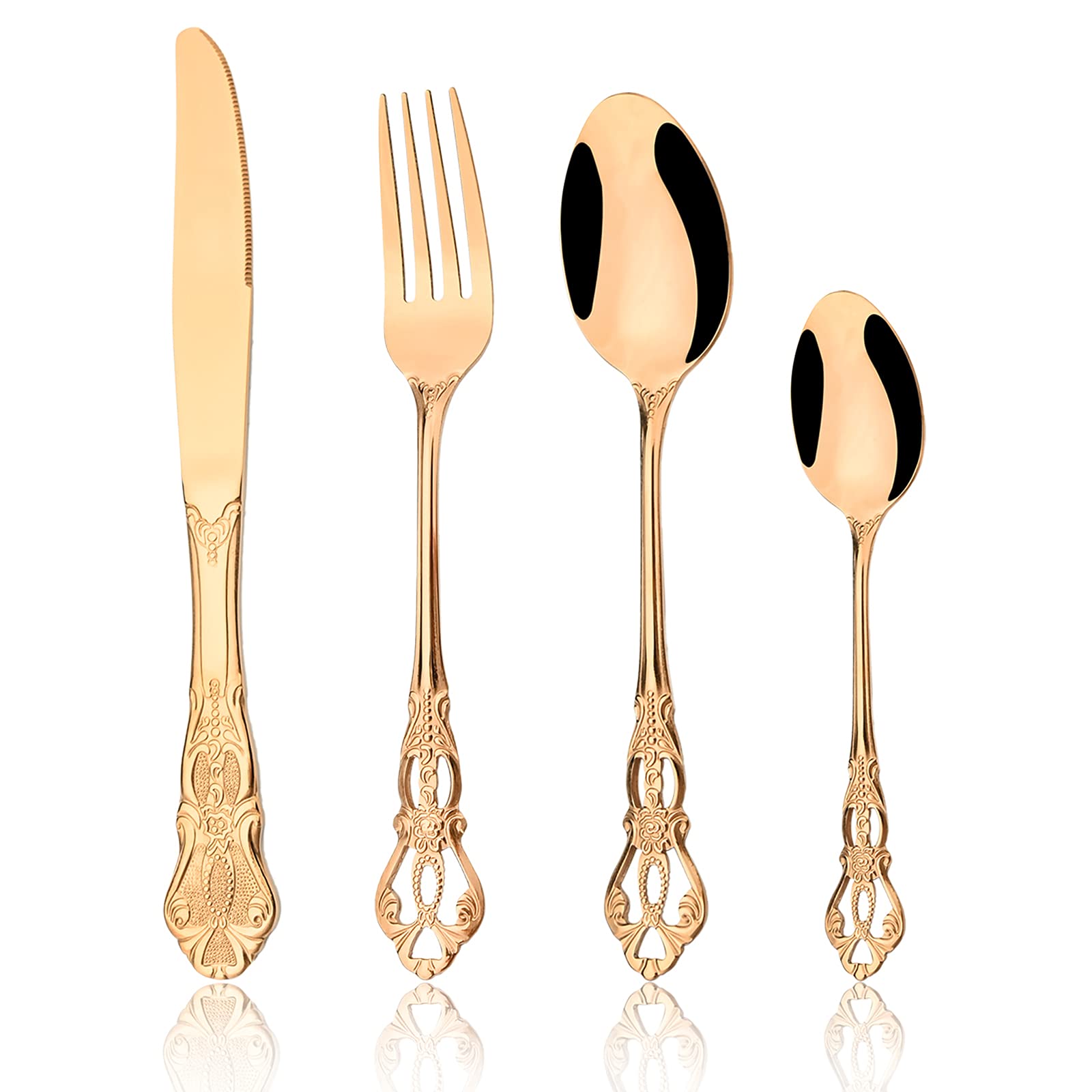 8-Piece Luxury Royal Silverware Set - 18/10 Stainless Steel Copper Flatware Service for 2, Elegant Tableware Cutlery Set with Forks, Spoons & Knives in Rose Gold & Mirror Polish (Dishwasher Safe) - Perfect for Weddings, Anniversaries & Fine Dining