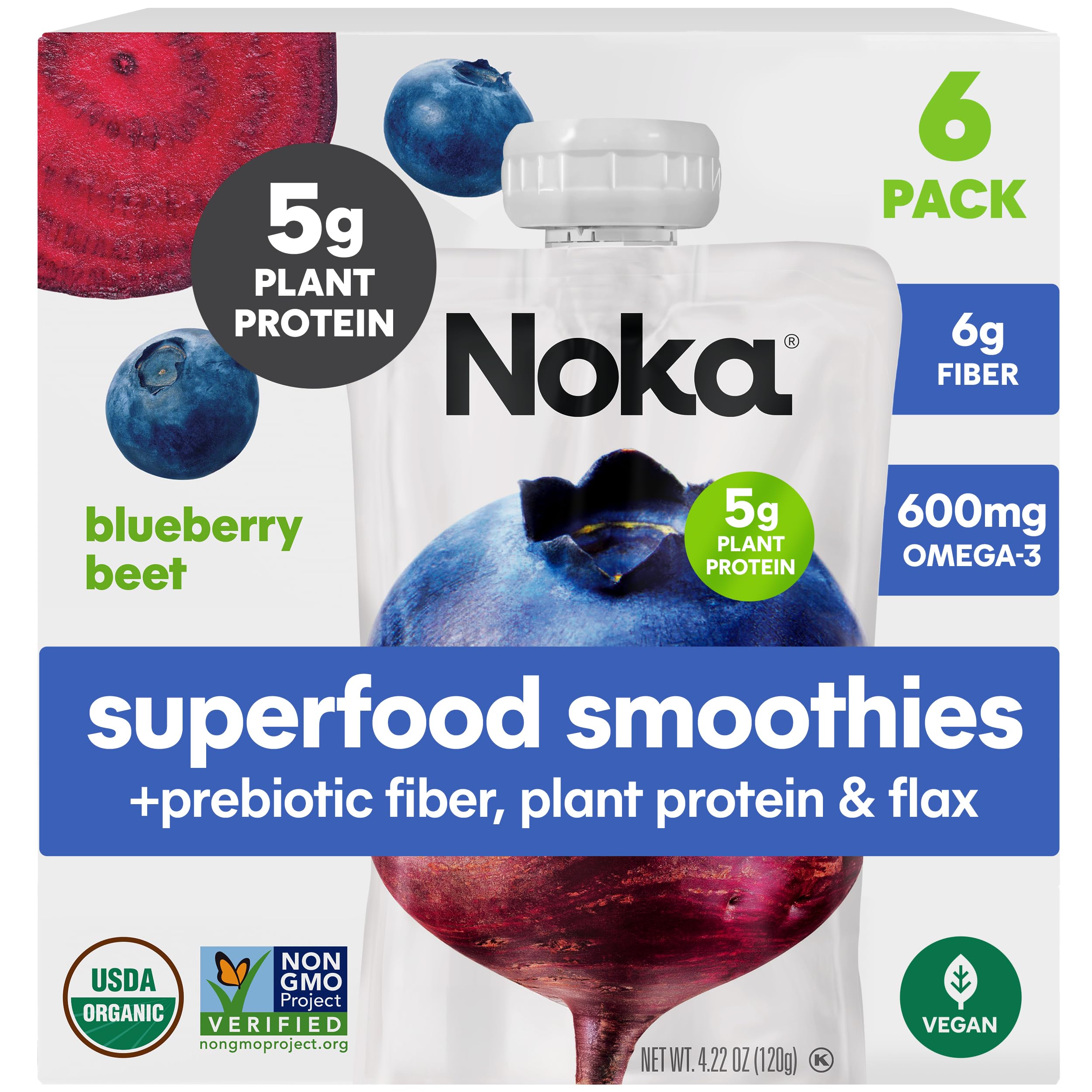 Organic Noka Superfood Fruit Smoothie Pouches - Blueberry Beet Flavor with Flax Seed, Plant Protein & Prebiotic Fiber | Vegan, Gluten Free Healthy Snacks | 6 Pack (4.22 oz each) | Perfect for On-the-Go Nutrition, Kids Lunchboxes & Post-Workout Recovery