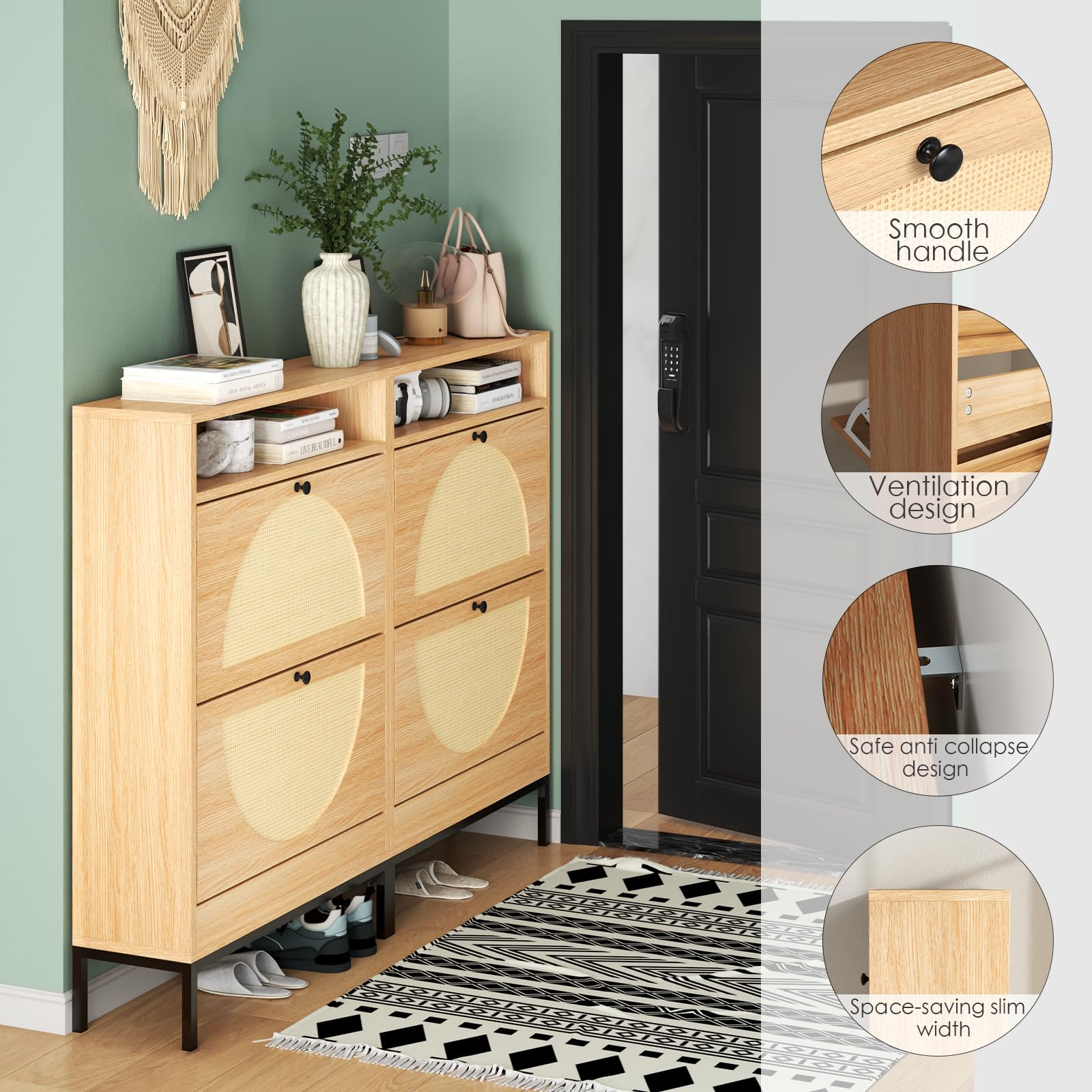 Rattan Shoe Cabinet with 2 Flip Drawers - Slim Shoe Closet Organizer, Hidden Shoe Storage for Entryway, Hallway, Living Room - Perfect for Small Spaces & Apartment Decor