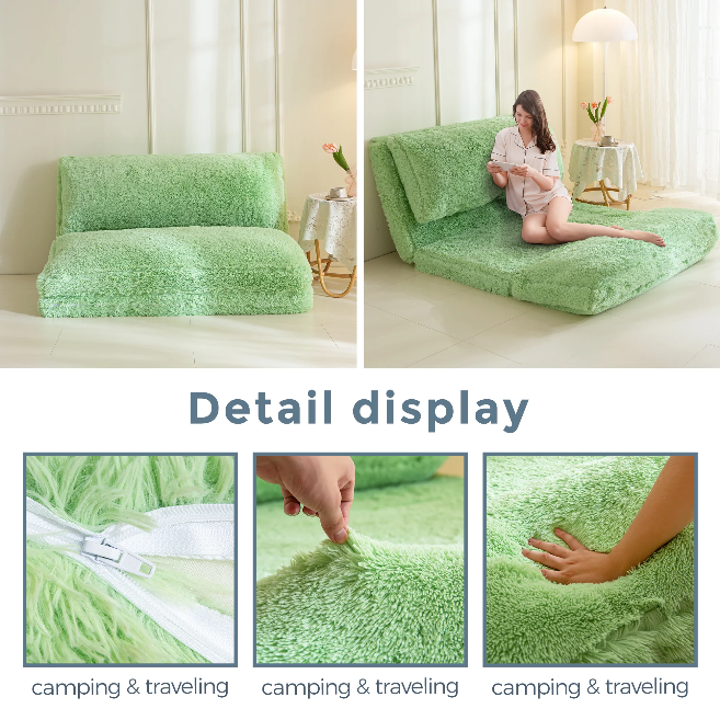 MAXYOYO Faux Fur Bean Bag Chair - Foldable Floor Sofa Bed with Foam Filling, Green Wall Couch Sleeper for Living Room, Bedroom & Dorm | Comfortable Lounge Chair for Reading, Gaming & Relaxing