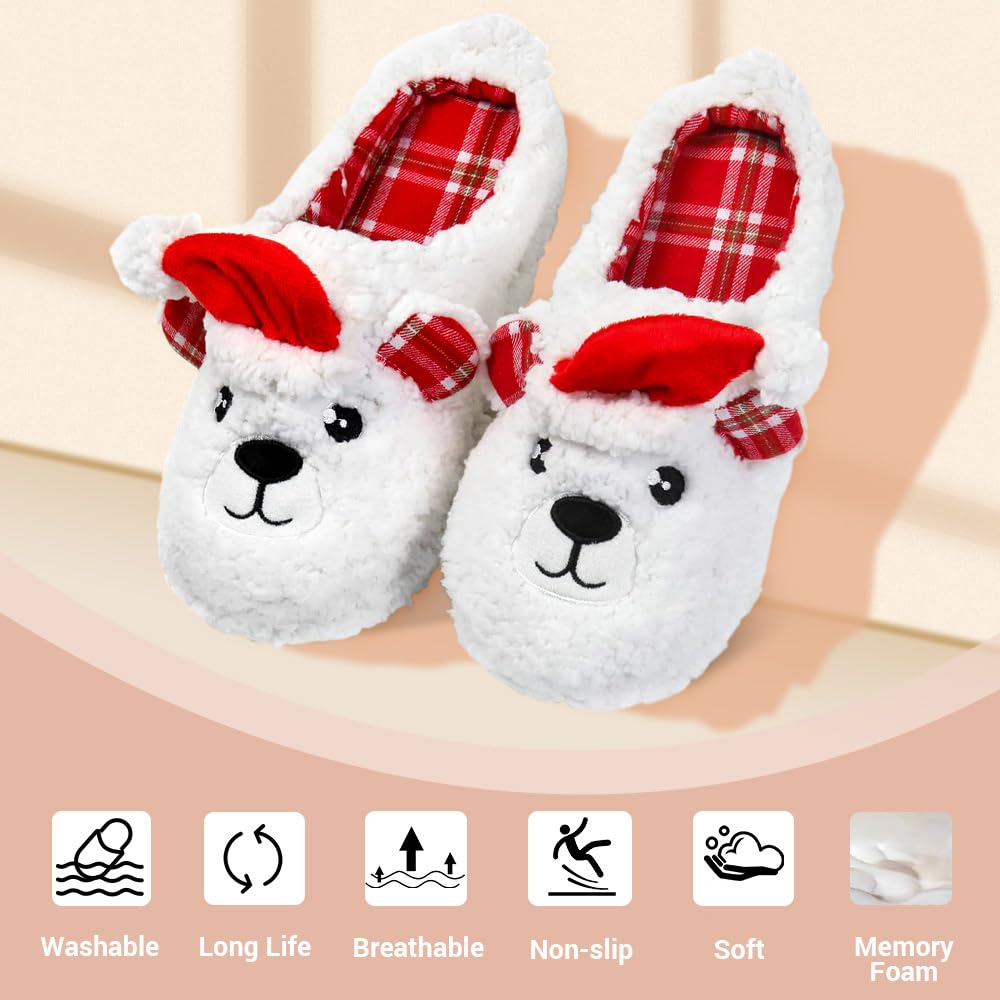 Cozy Fuzzy Animal Slippers for Women & Kids - Non-Slip Memory Foam Winter House Shoes (Dog, Polar Bear, Reindeer Designs) - Perfect for Christmas Gifts, Indoor Comfort & Bedroom Wear
