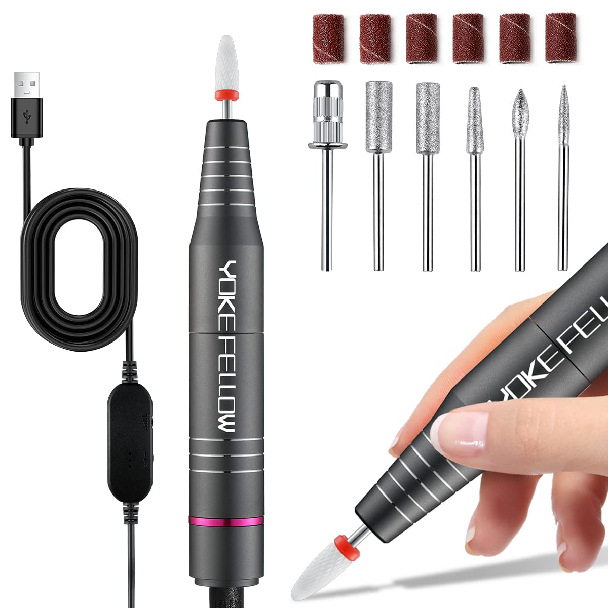 Professional Electric Nail Drill Kit - 30000RPM USB Rechargeable Manicure & Pedicure Machine for Acrylic, Gel Nails, Cuticle Care - Portable Nail File Polisher with Drill Bits - Perfect for Home Salons, Travel & DIY Nail Art (Gray)