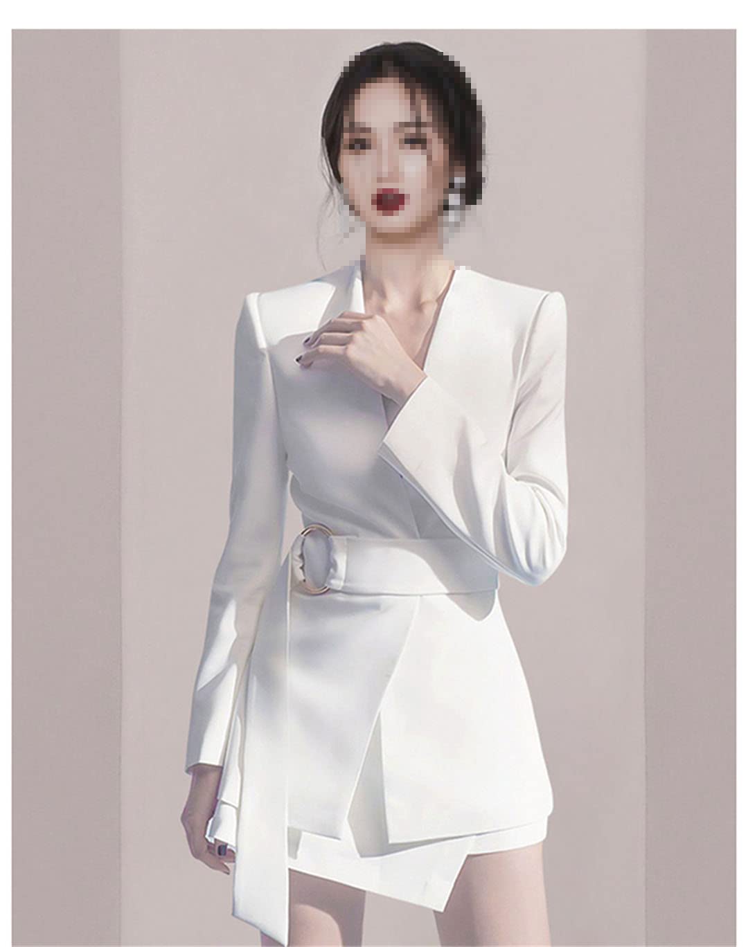 Women's Asymmetrical Blazer Dress with Belt - Long Sleeve Suit Jacket & Skirt 2-Piece Set for Fall/Winter Office Wear, Business Casual Outfits, and Special Occasions