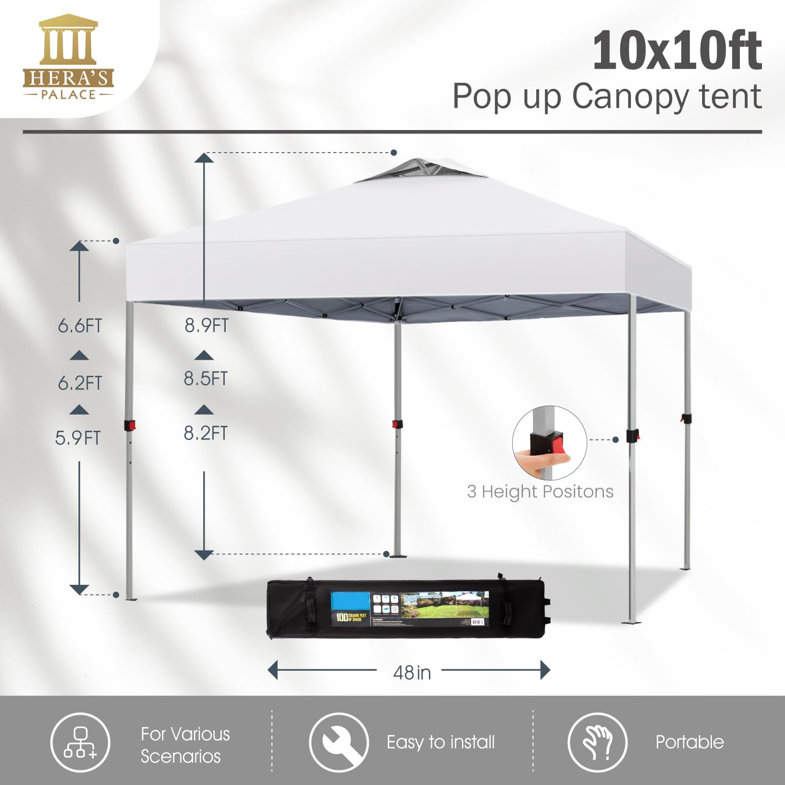 HERA'S PALACE 10x10 Pop Up Canopy Tent - Heavy Duty Outdoor Shade Shelter with Carry Bag - Easy Setup for Backyard, Garden, Patio, Picnics, Camping, Beach and Outdoor Events