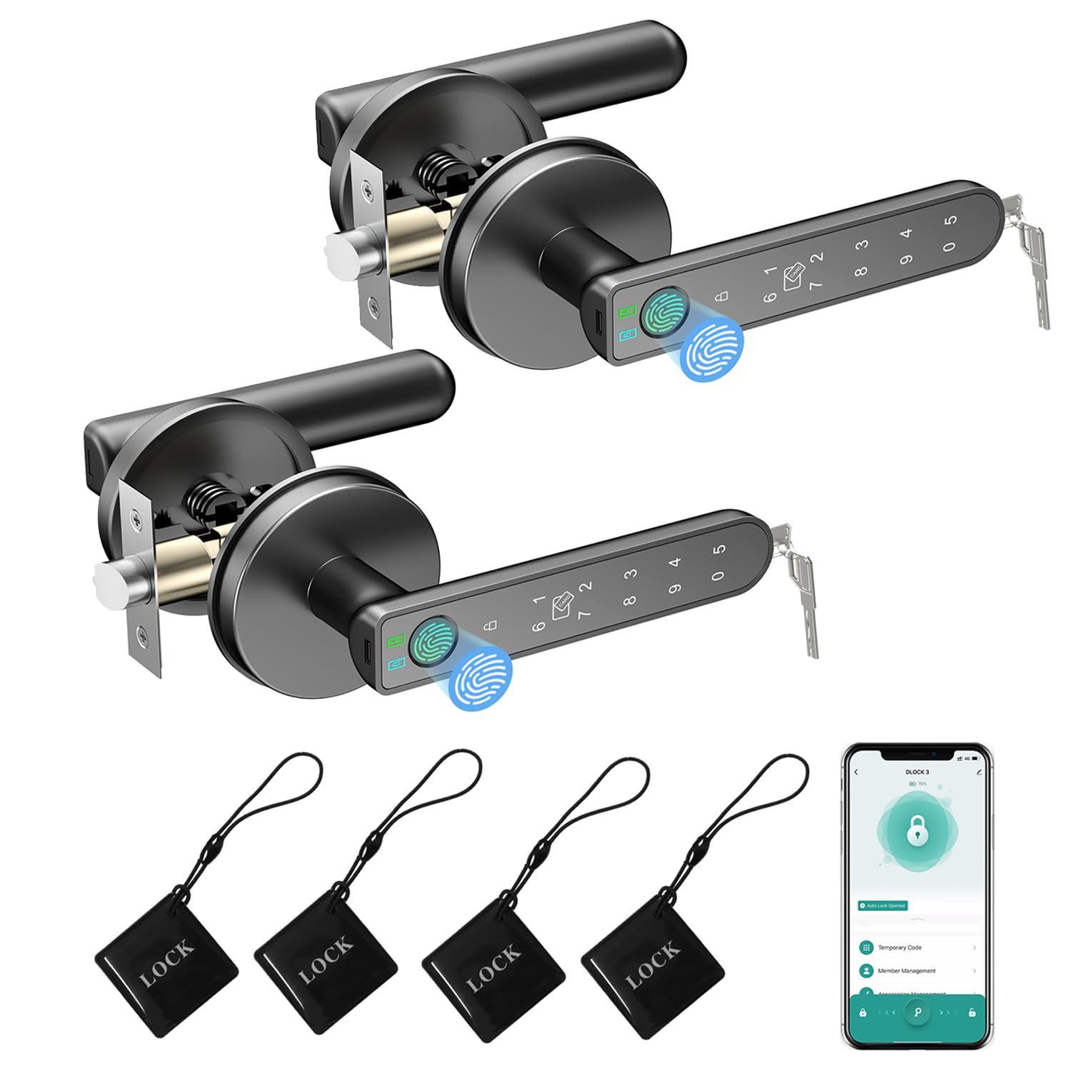 5-in-1 Smart Fingerprint Door Lock with APP Control, Keypad, IC Card & Backup Keys - Electronic Keyless Entry for Home, Office, Apartment (Black, 2 Pack) - Perfect for Secure Access to Bedrooms, Vacation Rentals & Smart Homes