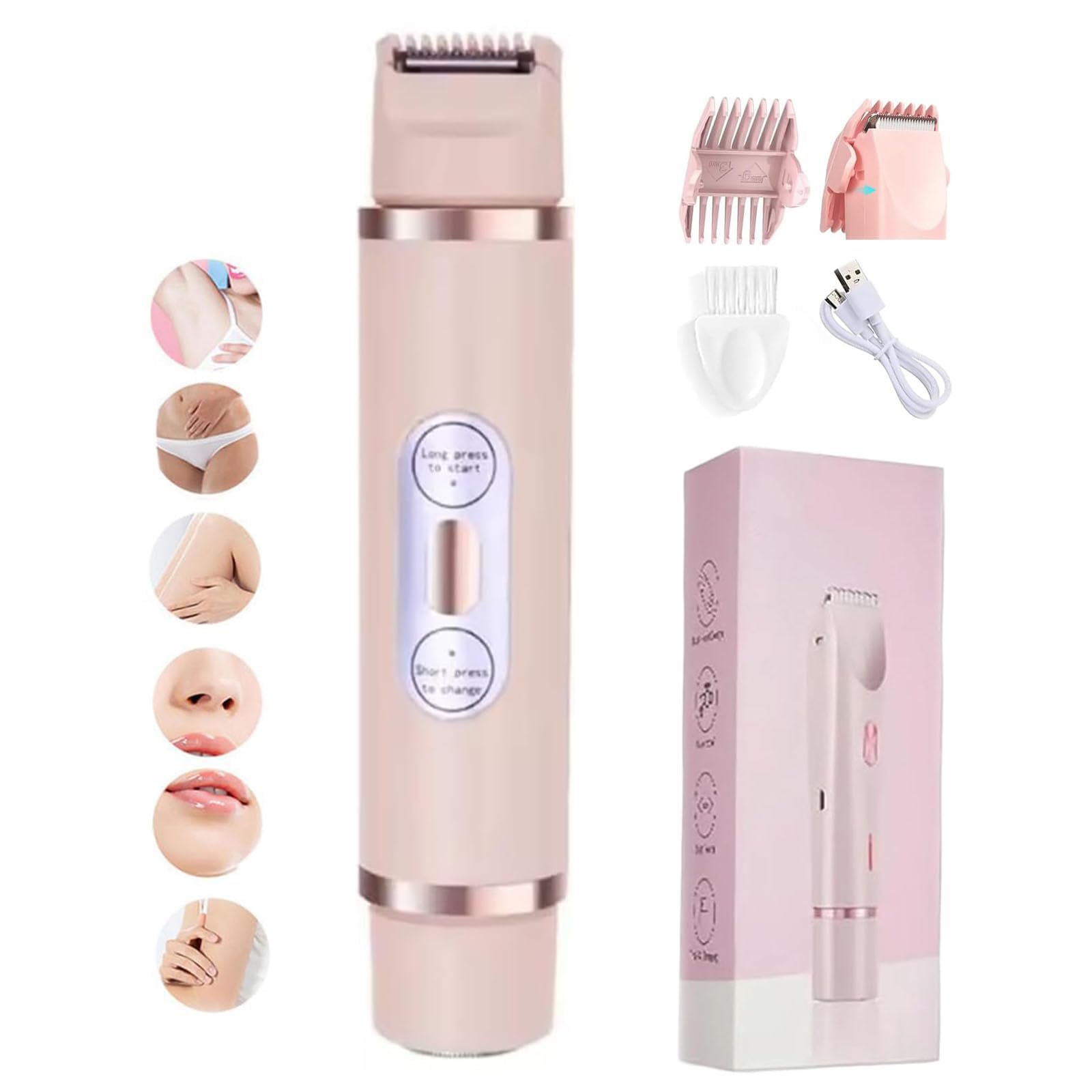 Happywind 2-in-1 Electric Lady Shaver & Pubic Hair Trimmer - Detachable Dual Head Wet/Dry Razor for Women - Pink (Ideal for Travel, Gym & Sensitive Skin Care)