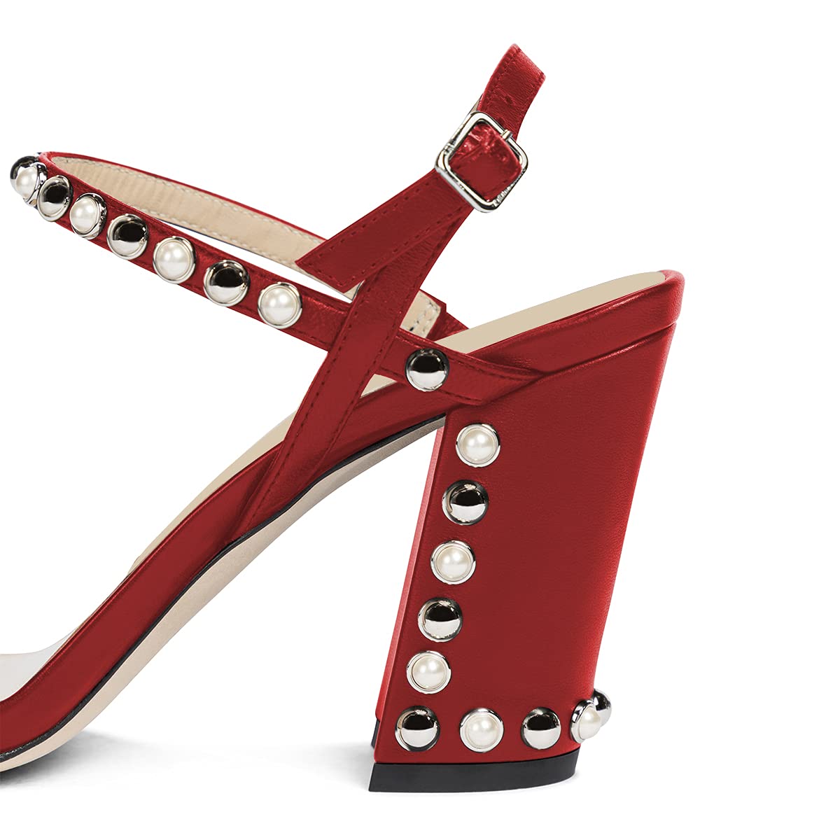 YDN Women's Chunky High Heel Sandals - Open Toe Ankle Strap Buckle Dress Shoes with Rivet for Party, Wedding & Evening Events