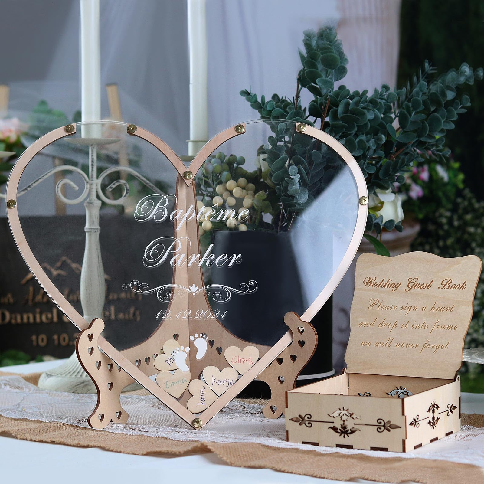 Personalized Heart Drop Guest Book Alternative with Box & Small Hearts - Rustic Wedding Decor, Anniversary & Baby Shower Keepsake - Perfect for Wedding Guest Signing, Anniversary Celebrations & Baby Shower Memories (Style10, Heart)