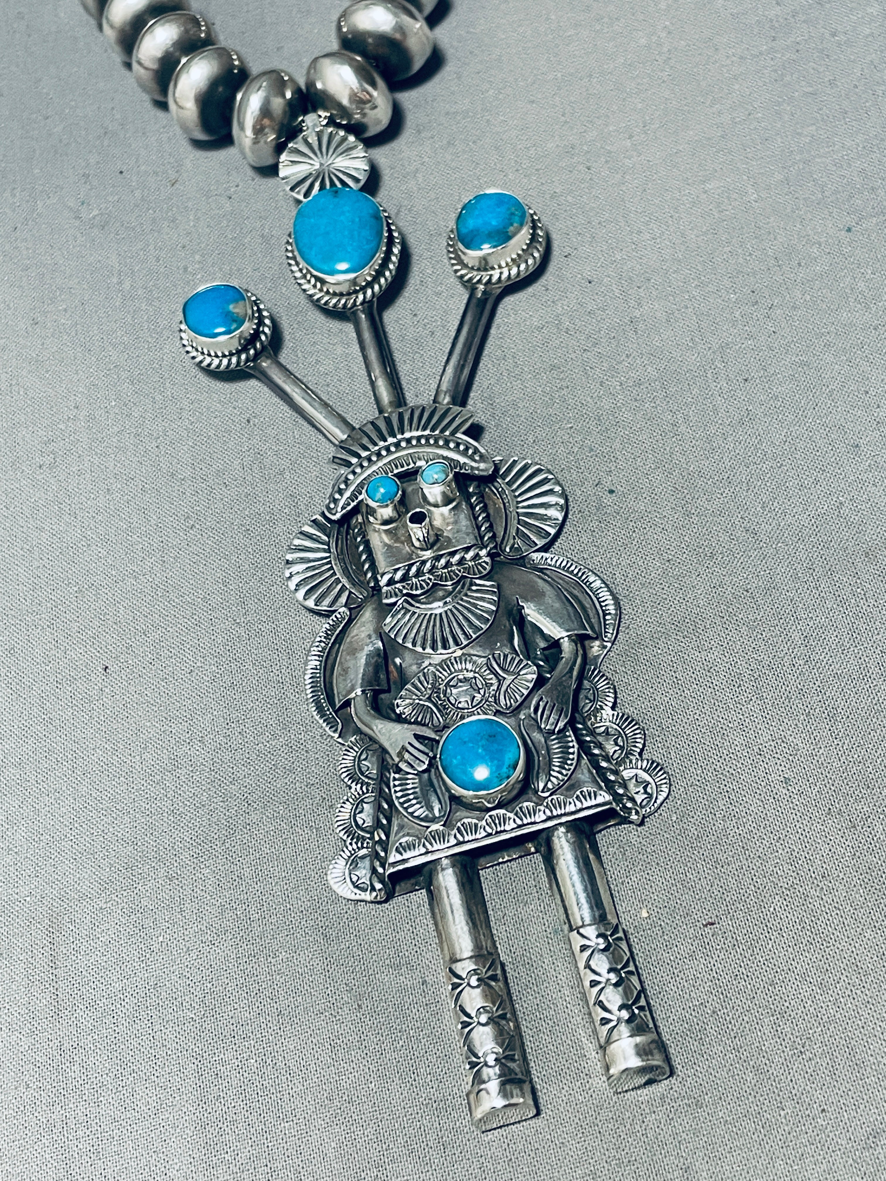 Vintage Navajo Turquoise Sterling Silver Kachina Necklace - 6 Inch Handcrafted Native American Jewelry for Women, Perfect for Boho Fashion, Spiritual Ceremonies & Cultural Events