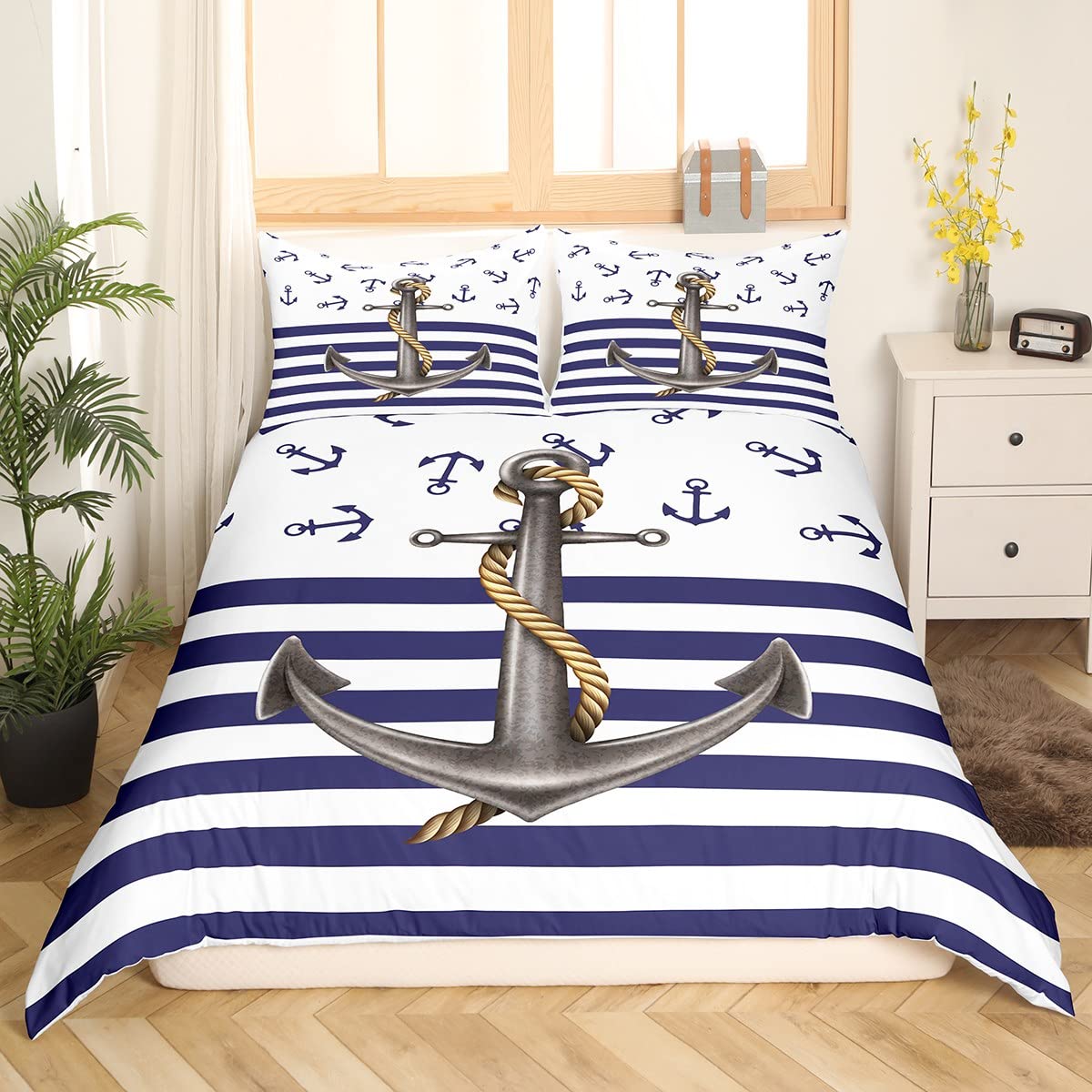 Anchor Duvet Cover Set King Size - Navy Blue Ocean Nautical Theme Printed Comforter Cover with 2 Pillowcases, Striped Decorative Bedding for Master Bedroom | Perfect for Coastal Decor, Couples Gift & Guest Room Styling