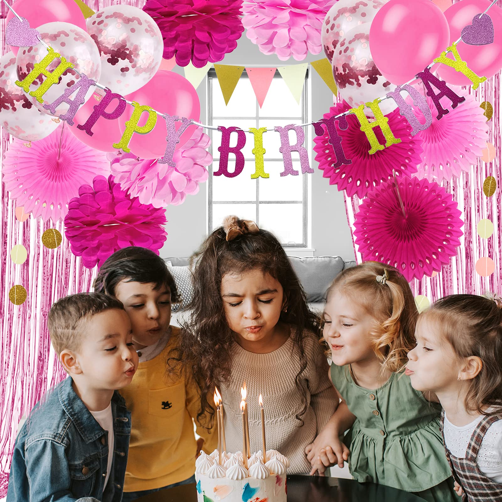 Pink Birthday Party Decorations for Girls & Women - Happy Birthday Banner, Curtains, Paper Pompoms, Fans, Garland & Confetti Balloons | Perfect for Birthday Parties, Baby Showers & Special Celebrations
