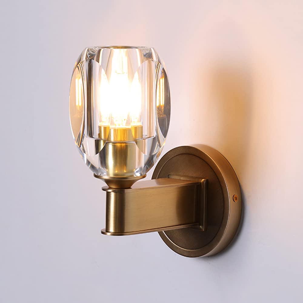 Luxury Crystal Wall Light - All Copper Indoor Wall Lighting Fixtures, Bedroom Wall Sconces with E14 LED Bulbs | Nordic Minimalist Design for Living Room, Bedside & Hallway Decor