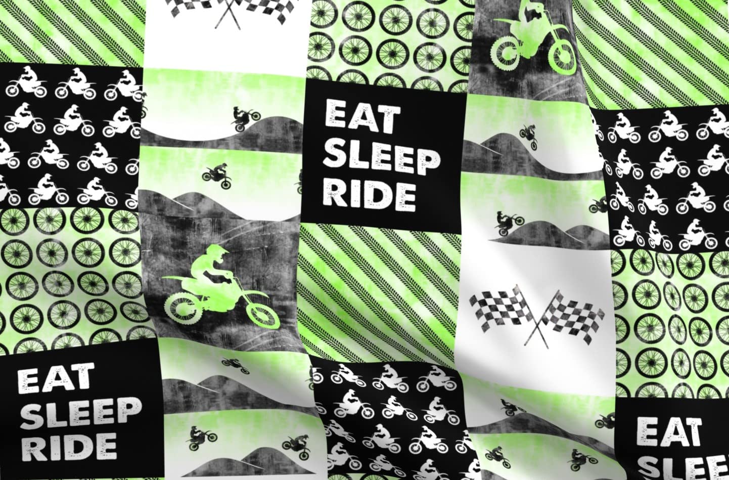 Green Motorcycle Patchwork Cheater Quilt Fabric - Motocross Dirt Bike Eat Sleep Printed on Soft Minky Fabric by The Yard - Perfect for Sewing Baby Blankets, Quilt Backing & Plush Projects - Ideal for Nursery Decor, DIY Crafts & Home Decor