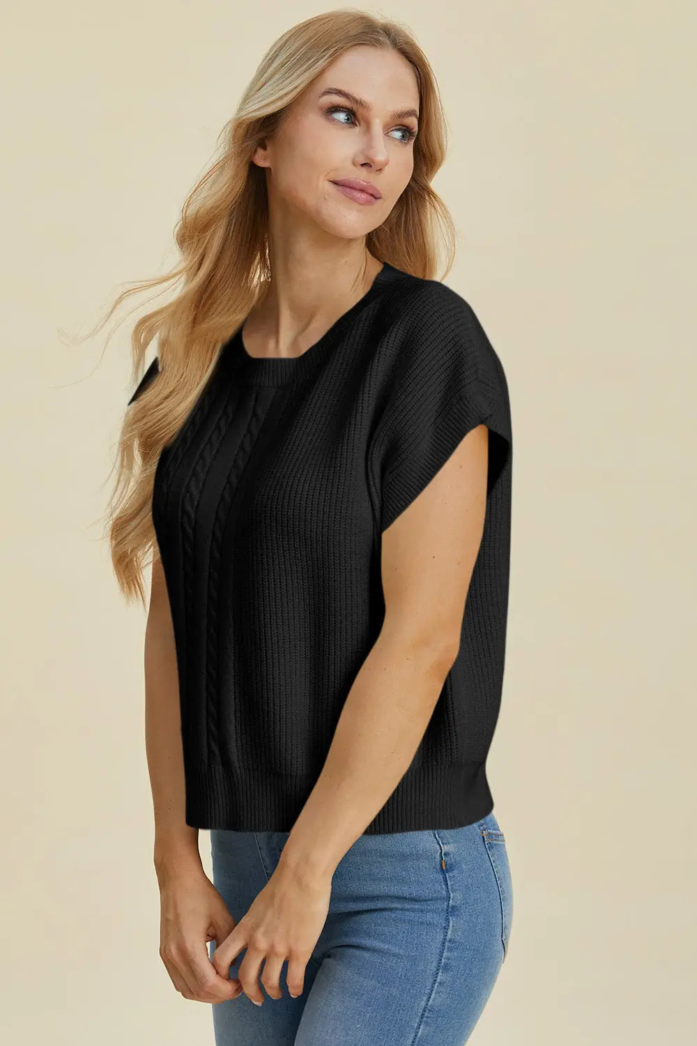 Double Take Full Size Cable Knit Round Neck Short Sleeve Sweater for Women - Cozy Casual Pullover Top for Fall & Winter - Perfect for Office, Date Night and Weekend Outings