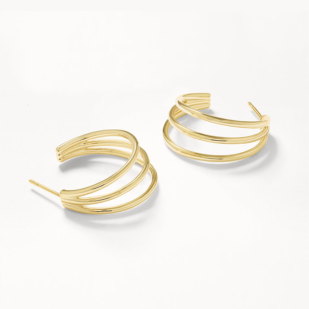 Maxi Triple Hoop Stud Earrings in Gold - Trendy Women's Fashion Jewelry for Parties, Dating & Everyday Wear