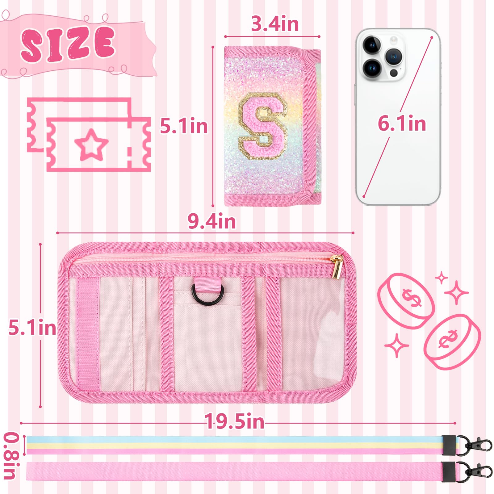 Personalized Initial Trifold Wallet for Girls Ages 2-10 - Cute Rainbow Glitter Coin Purse with Magic Sticker | Small Letter Wallet for Kids & Teens | Perfect Gift for Birthdays, School & Everyday Use (Pink)