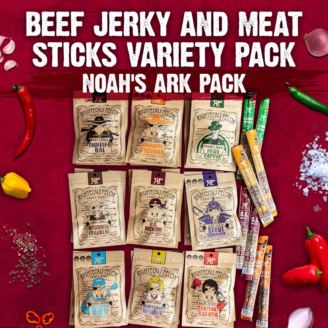 Premium Beef Jerky & Meat Sticks Variety Pack - High Protein, Low Carb, Low Sugar, Gluten Free Snacks - Healthy Keto & Paleo Snacks for Adults & Kids - Made with 100% Grass-Fed Beef - Perfect for Hiking, Camping & Road Trips (Noah's Ark 26 Pack)