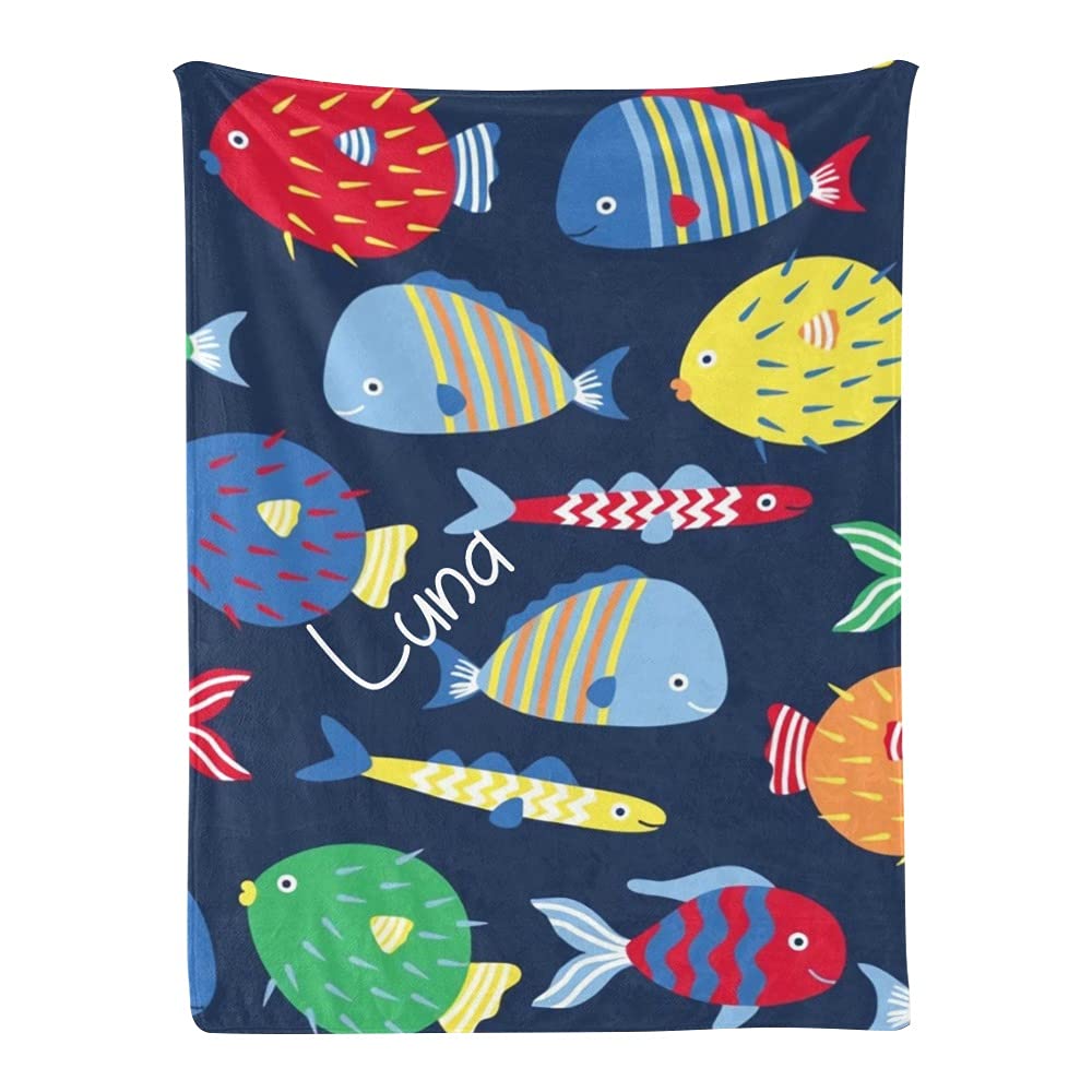 Custom Personalized Baby Blanket with Name - Funny Fish Design Fleece Nursery Throw for Boys & Girls (30