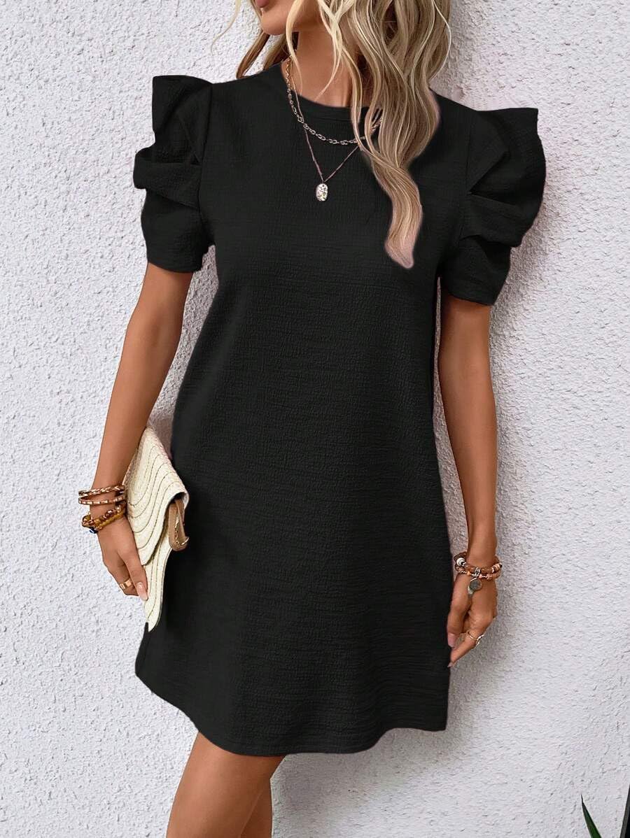Narecte Women's Summer Dresses - Puff Sleeve Casual T-Shirt Dress, Solid Color Tunic Work Dress | Perfect for Office, Beach & Weekend Outings