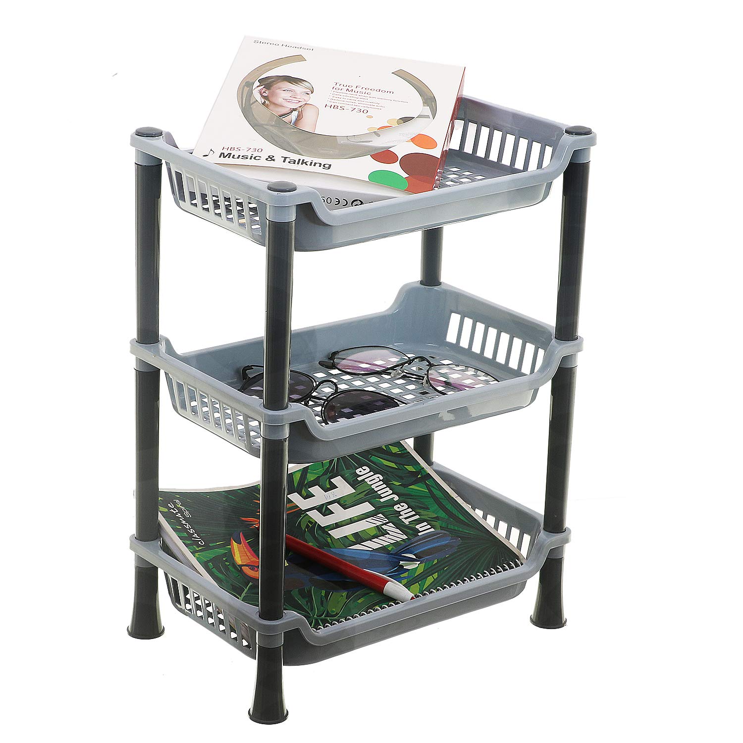 Kuber Industries 3-Tier Plastic Kitchen Storage Rack - Space Saving Organizer for Spices, Utensils & Cookware - Perfect for Small Kitchens & Countertops (Grey)