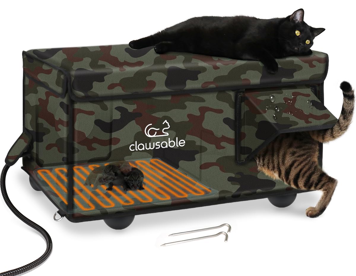 Clawsable Heated Cat House for Outdoor Cats - 100% Weatherproof & Insulated Winter Shelter with Safe Escape Door - Ideal for Feral, Barn & Stray Cats in Cold Weather - Perfect for Backyards, Garages & Porches