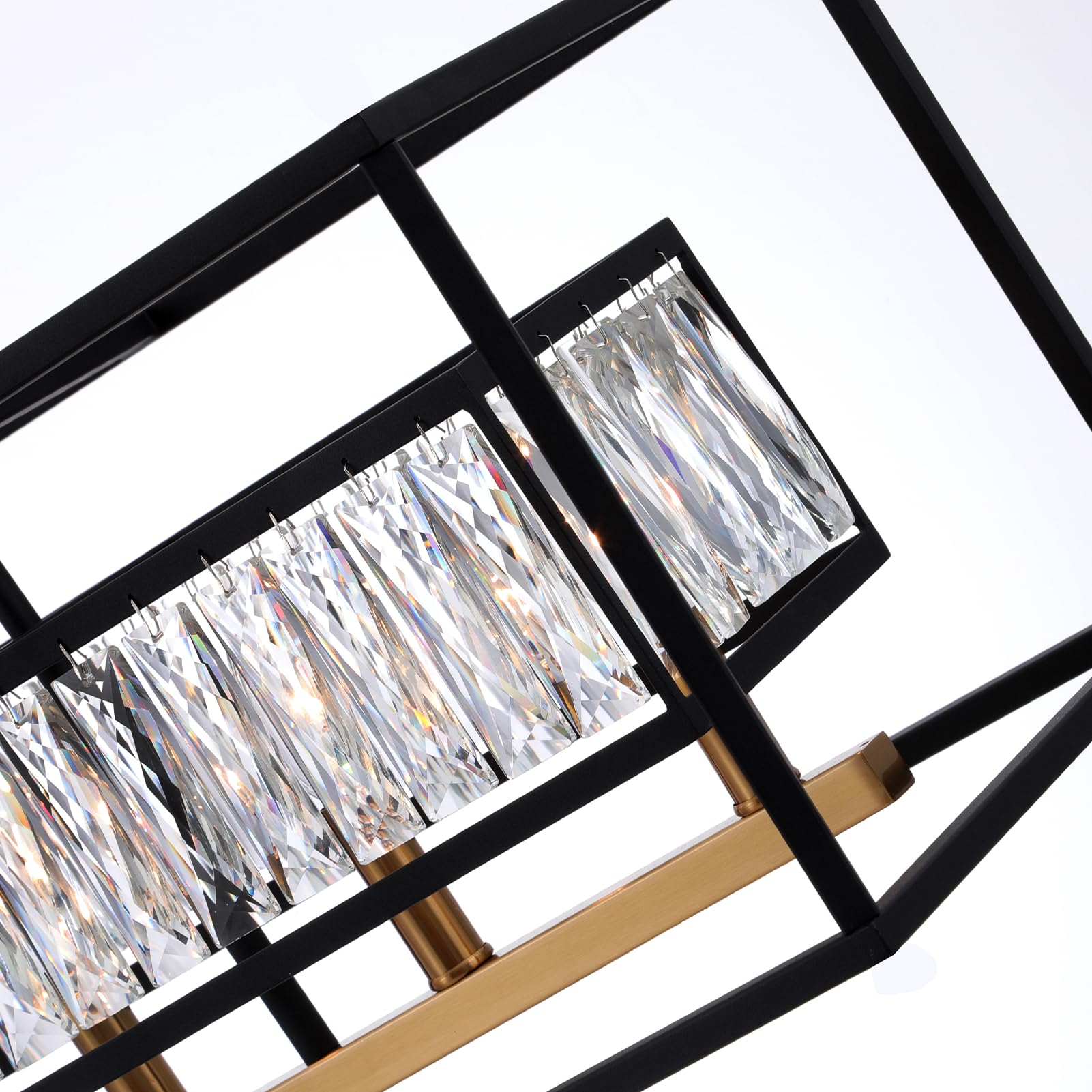 Luxury Black Gold Modern Crystal Chandelier - 6-Light Rectangular Linear Pendant Light Fixture for Dining Room, Living Room, Kitchen Island - Elegant Lighting for Home Decor & Interior Design