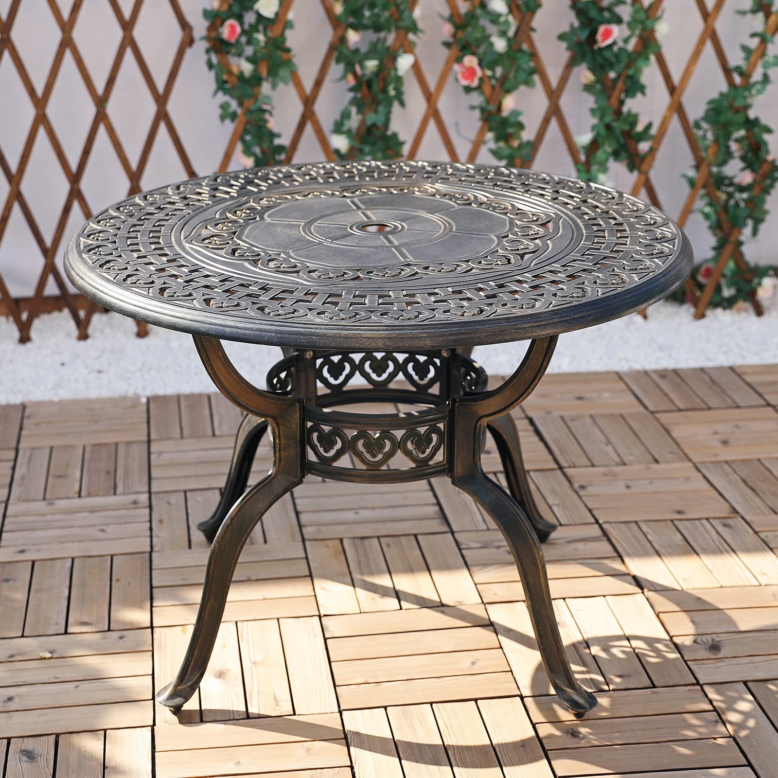 VIVIJASON 38.5 Inch Round Outdoor Patio Dining Table - Bronze Cast Aluminum Bistro Table with Umbrella Hole for Garden, Backyard, Poolside & Restaurant Use