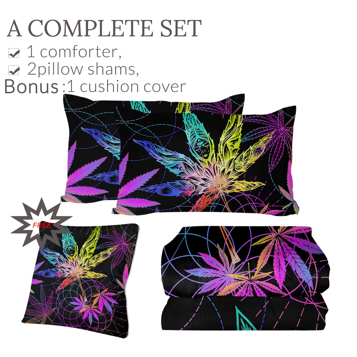**Sleepwish Marijuana Leaf Comforter Set - Hipster Retro Bedding with Neon Pink, Teal & Purple Weed Pot Leaf Pattern - 4 Piece King Size - Perfect for Stoner Aesthetic Bedroom & Bohemian Dorm Decor**