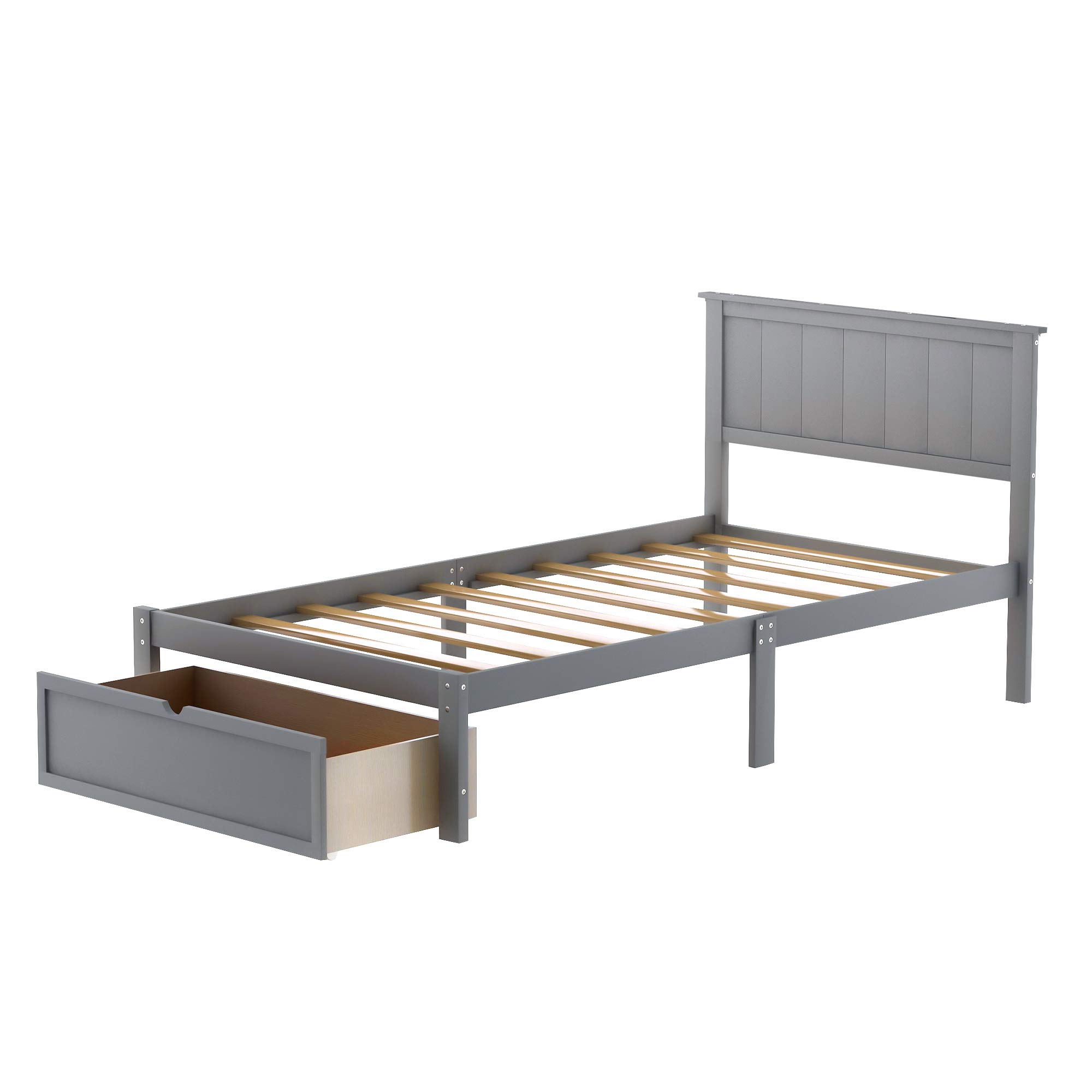 Knocbel Twin Bed Frame with Headboard & Under-Bed Storage Drawer - Solid Wood Platform Bed with 10-Slat Support System (300lbs Capacity, Gray) - Perfect for Small Bedrooms, Guest Rooms & Kids' Rooms