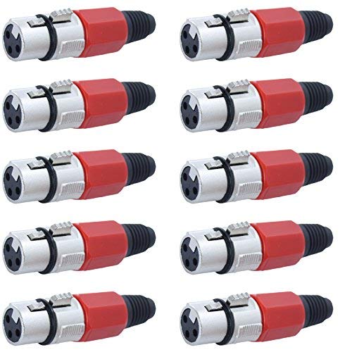10 Pack Red Female XLR Connector with Rubber Boot - Durable Audio Cable Connectors for Professional Microphones, PA Systems & Studio Equipment