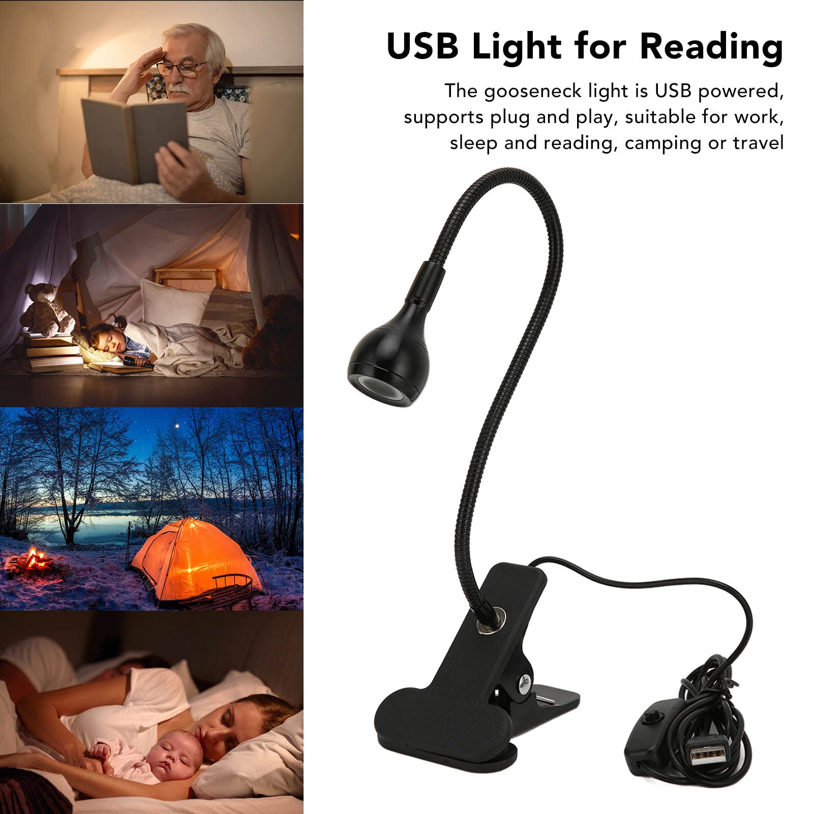 ASHATA USB Reading Lamp - Flexible Gooseneck LED Desk Light with Warm Lighting & Eye Protection, USB Clamp Book Light for Home Office, Study, Night Reading, and Work (Perfect for Bedside, Computer Desk & Bookshelf Use)