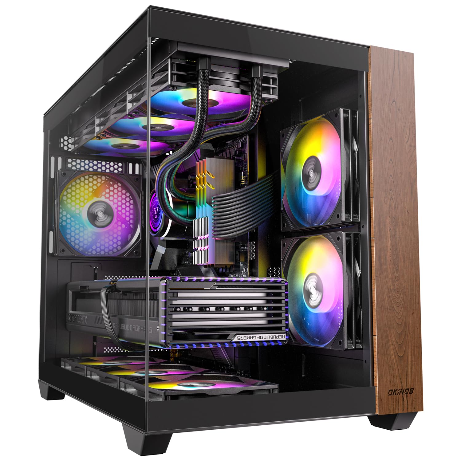 Premium Walnut Wood ATX Mid-Tower PC Case - 4 x 120mm ARGB PWM Fans Pre-Installed, USB Type-C Port, Tempered Glass Side Panel - Black Mirage 6 Gaming Computer Case for Home Office & Streaming Setup