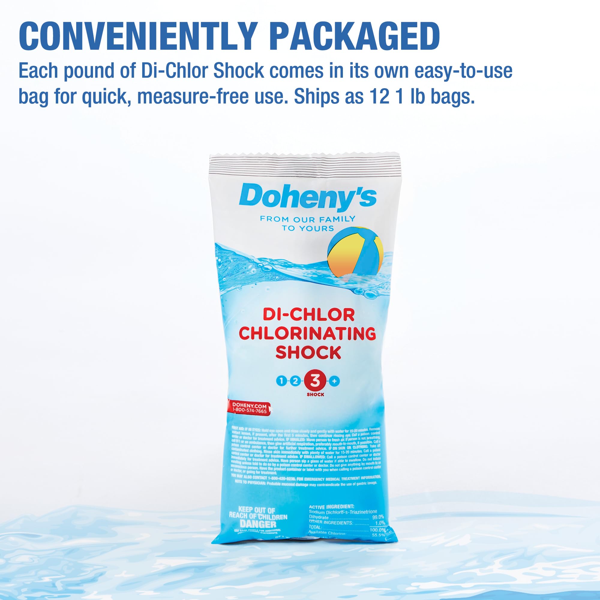 Doheny's Di-Chlor Shock Pool Chlorine - 12 Pack of 1 lb. Bags for Swimming Pool Maintenance & Water Treatment