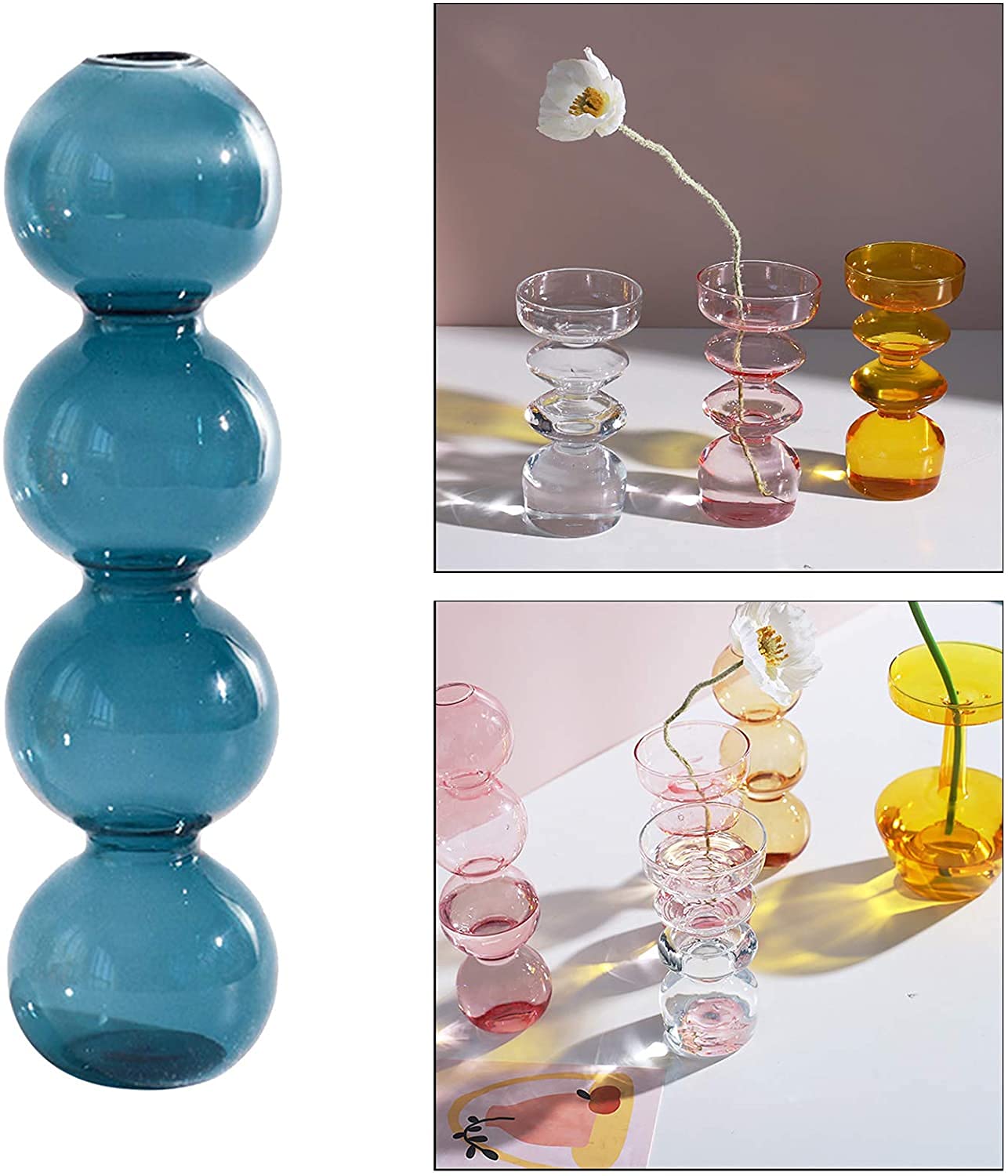 Blue Glass Flower Vase - 4 Ball Decorative Plant Container for Home Office Desk, Wedding Centerpiece, Birthday Gift & Party Decorations (Perfect for Fresh Flowers, Succulents, and Home Décor)