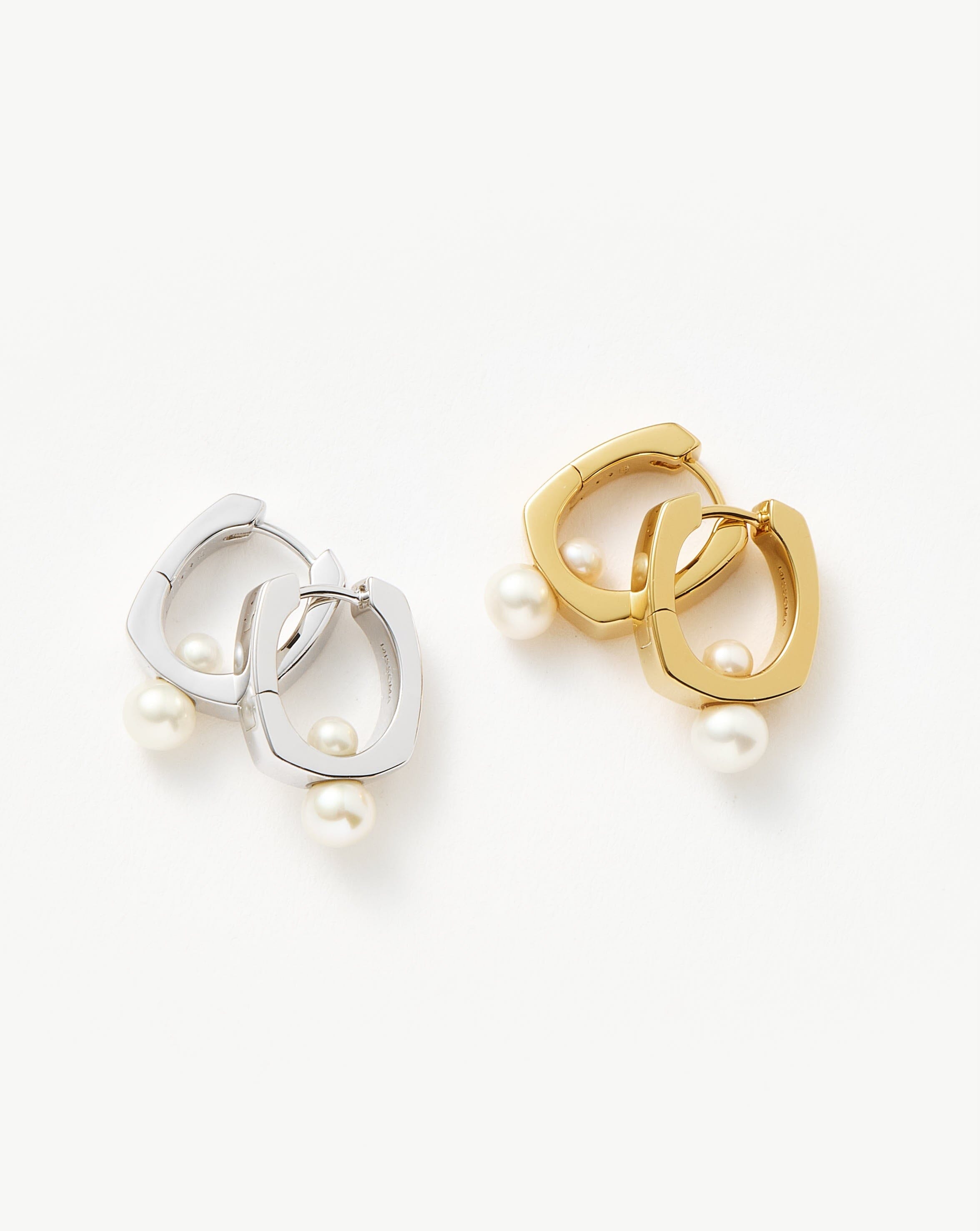 18k Gold Plated Button Pearl Square Small Hoop Earrings for Women - Elegant Minimalist Dainty Jewelry for Everyday Wear, Office, Date Night & Special Occasions