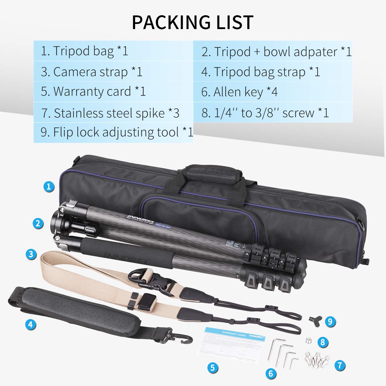 INNOREL ST324CF 32mm Carbon Fiber Tripod with Lever Lock - Heavy Duty Professional Camera Tripod Supports 30kg, 13-158cm Adjustable Height - Includes 58mm Bowl Adapter, Carry Bag & Camera Strap for Photography, Videography & Outdoor Shooting