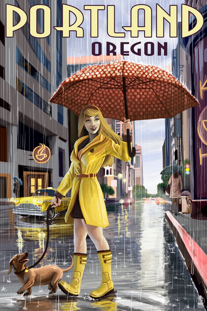 Portland Oregon Rain Girl Wall Art - 16x24 Gallery Quality Metal Print, Aluminum Decor for Home & Office - Perfect for Living Room, Bedroom, or Office Decor