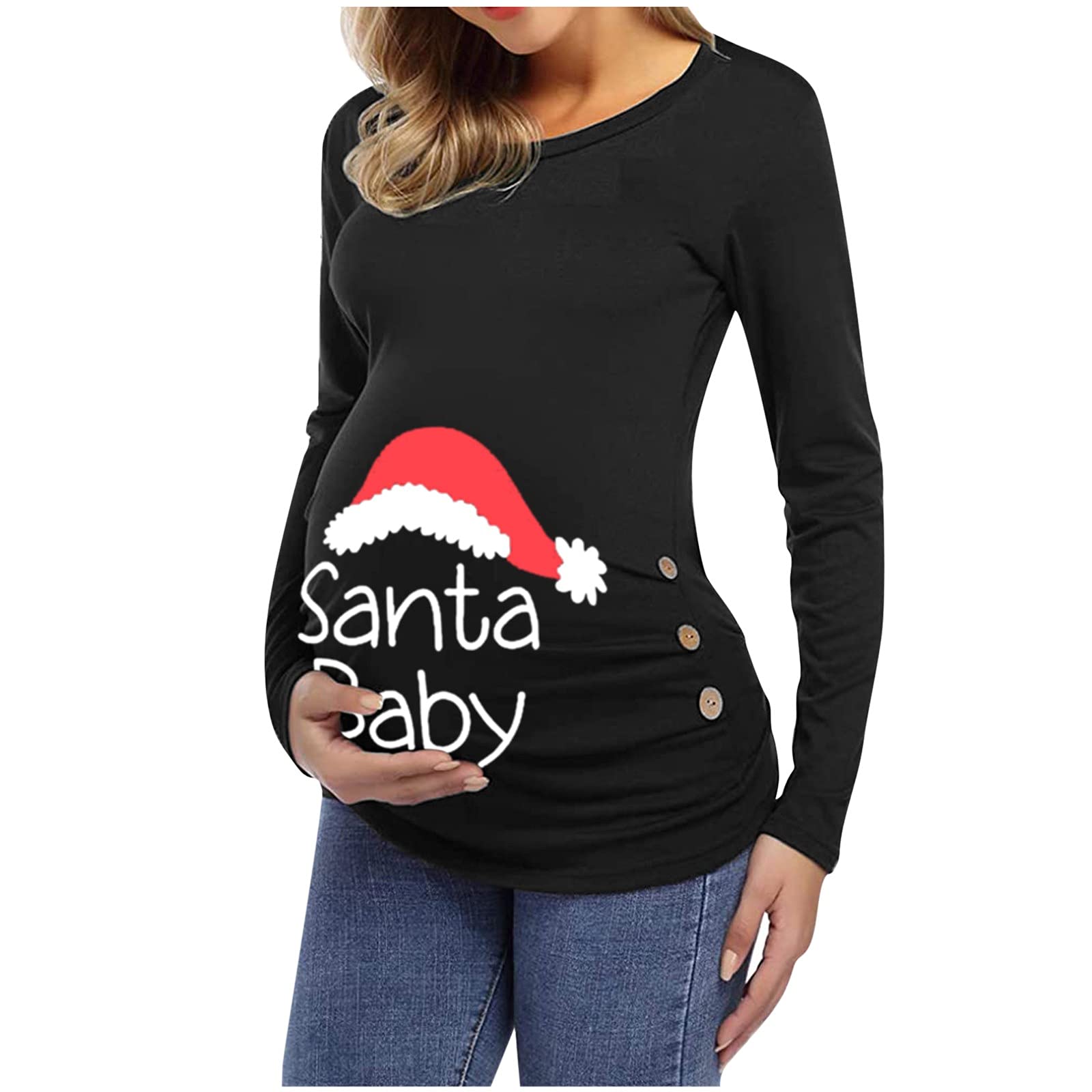 Maternity Christmas Dress for Women - Long Sleeve Letter Print Tunic Top Mini Dress (Black-02#, XXL) - Perfect for Holiday Parties, Family Gatherings & Pregnancy Photos