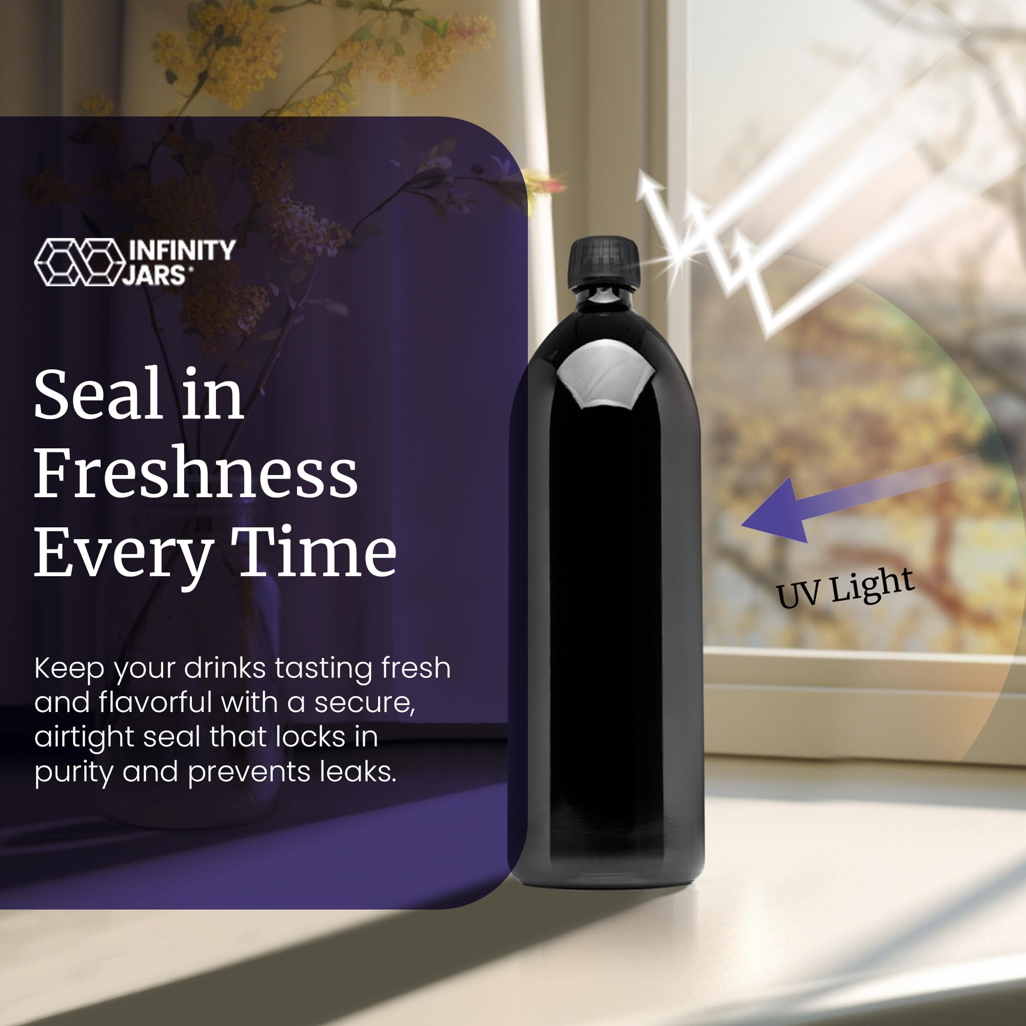 Infinity Jars 1 Liter (34 oz) UV Protection Large Round Glass Water Bottle - Perfect for Home, Office, Gym & Outdoor Activities