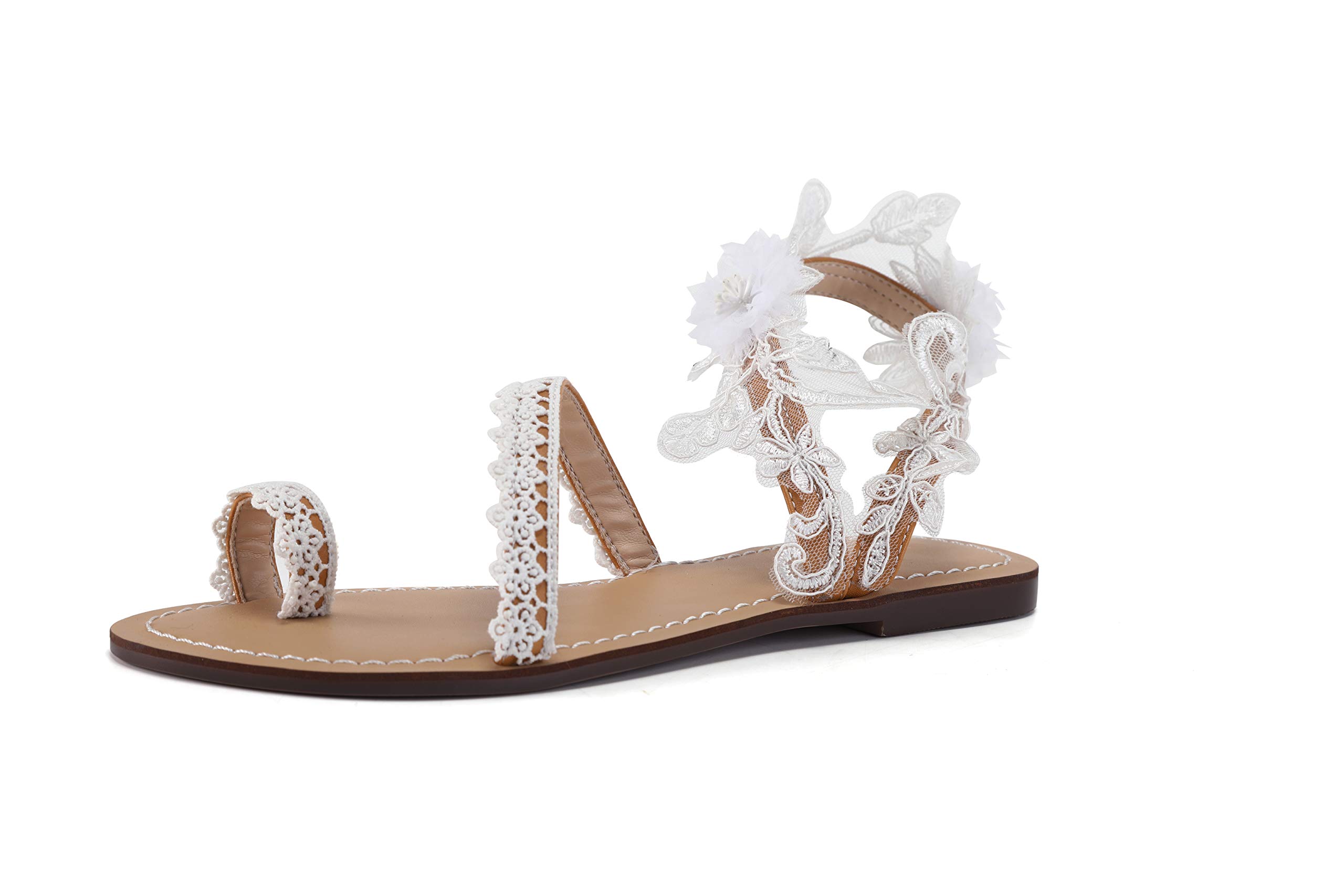 ZhuLinFeng Women's White Lace Wedding Sandals - Comfortable Flat Beach Bridal Shoes for Outdoor Ceremony, Party & Vacation - Size 6