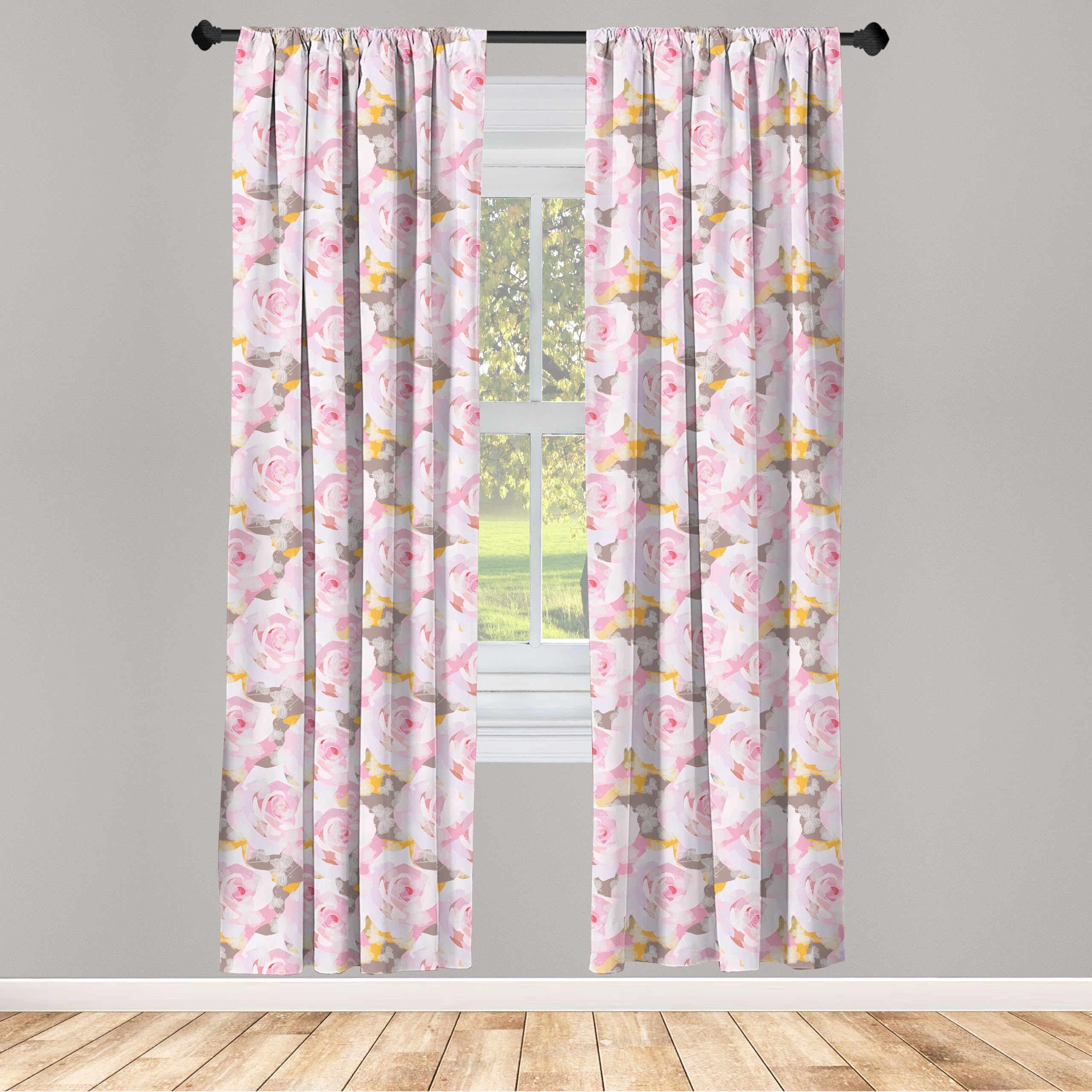 Ambesonne Floral Window Curtains - Pastel Pink Roses & Butterflies Romantic Design, Lightweight Decor 2-Panel Set with Rod Pocket (28x84 Inches) - Perfect for Bedroom, Living Room & Nursery Decor