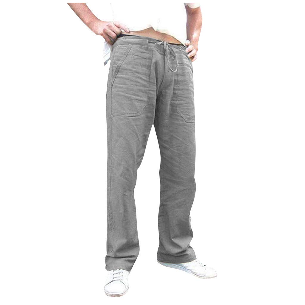 WOSHUAI Men's Linen Pants - Casual Solid Color Long Pants for Big & Tall, Slim Relaxed Fit Yoga Athletic Pants with Elastic Drawstring Waist | Perfect for Summer, Lounge Wear, Travel & Yoga