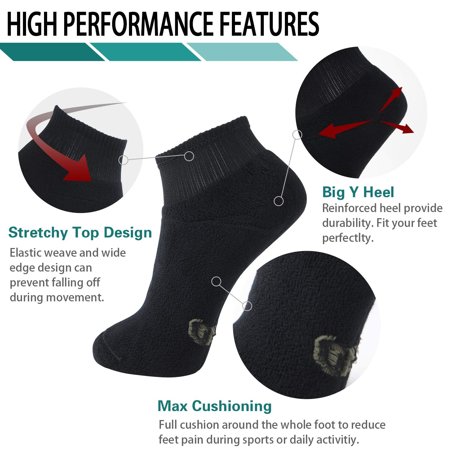 6 Pack Men's Heavy Cushioned Ankle Socks - Moisture Wicking Work & Athletic Socks for Running, Hiking & Everyday Comfort (MD Brand)