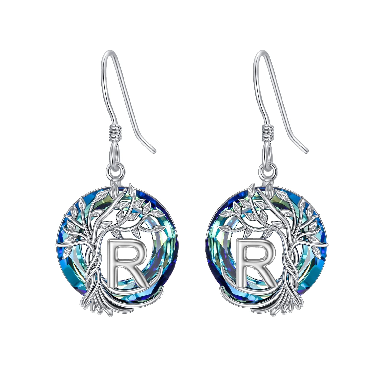 TOUPOP Tree of Life Initial Earrings - 925 Sterling Silver A-Z Letter Drop Dangle Earrings with Blue Circle Crystal, Valentine's Day, Anniversary & Birthday Gifts for Women, Girlfriend & Mom | Perfect for Date Nights, Weddings & Special Occasions