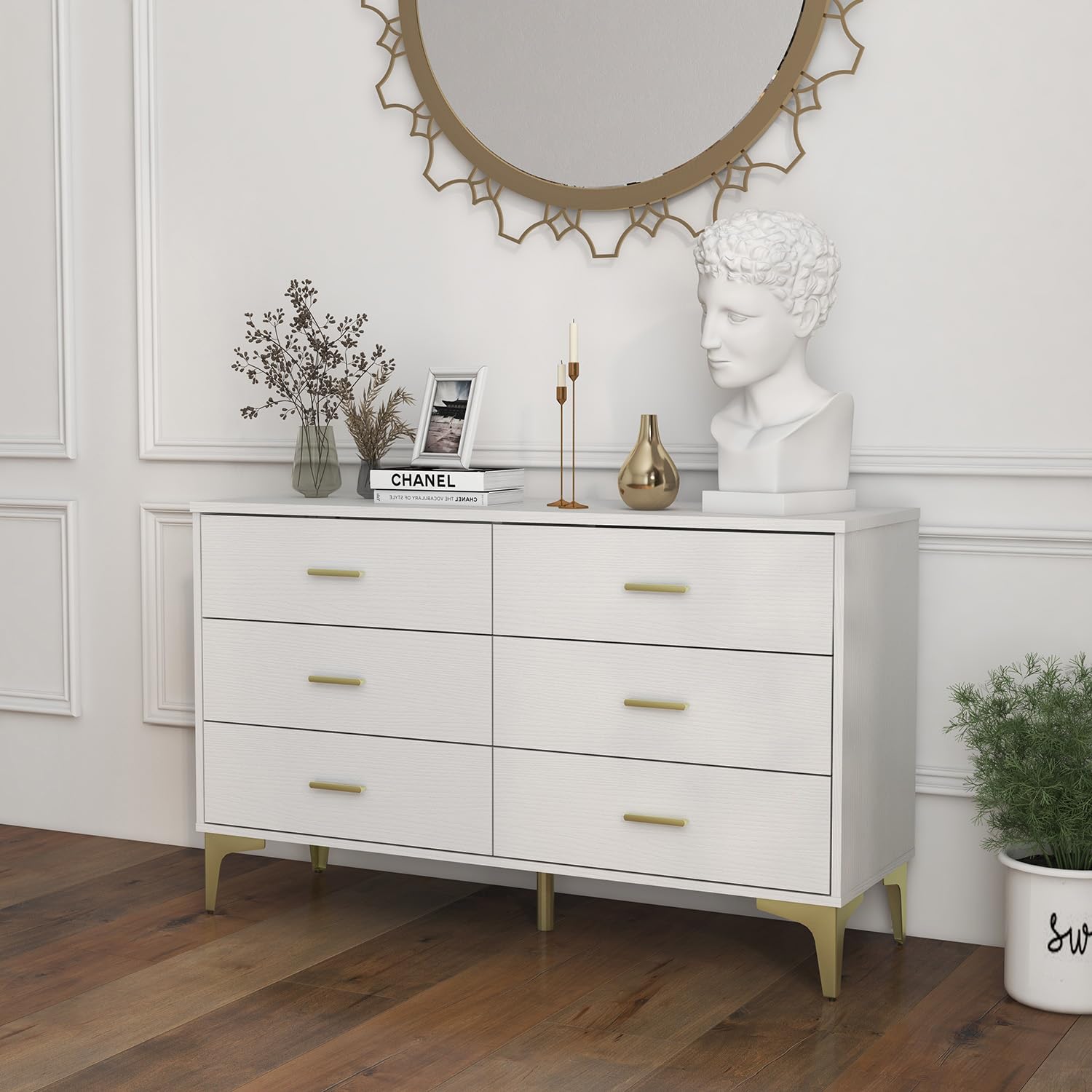 Modern 6-Drawer Wooden Dresser - Solid Wood Lateral Chest of Drawers with Wide Storage Drawers & Gold Metal Handles for Bedroom, Living Room, Hallway | Perfect for Closet Organization, Home Decor & Entryway Storage