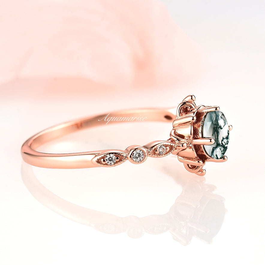 Natural Green Moss Agate Fairytale Engagement Ring - 14K Rose Gold Vermeil for Women | Elegant Wedding, Promise & Anniversary Jewelry Gift